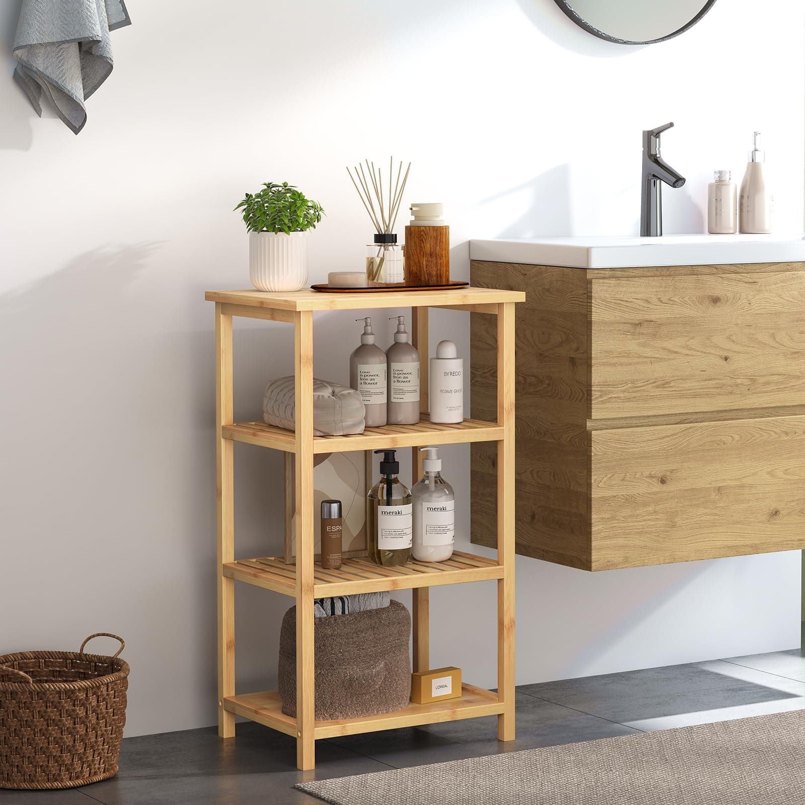 Dripex Badregal stehend, Badezimmer Regal Bambus, Standregal mit 4 Ablagen, verstellbare Küchenregal, Bambusregal schmal für Küche Bad Wohnzimmer Flur Balkon, 40X30x70cm 40*30*70cm Angebot bei HelloDeals