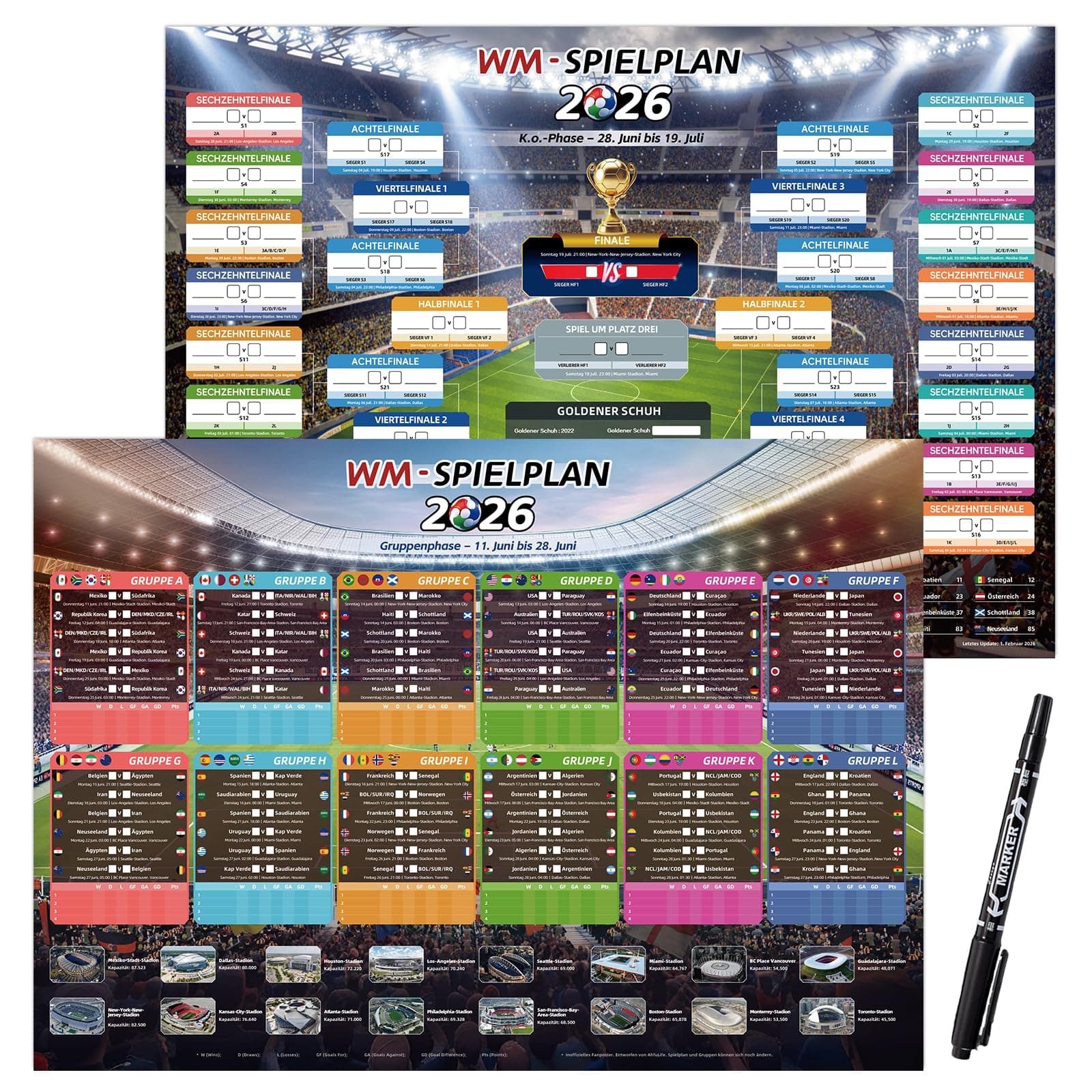 AhfuLife 2026 WM Spielplan Poster für Deko WM Fußball 2026 - Wiederverwendbar Fussball Planer - Enthält 48 Mannschaften Gruppen Knockout und Finale alle Ergebnisse der Spiele (A2 - Gefaltet) Angebot bei HelloDeals