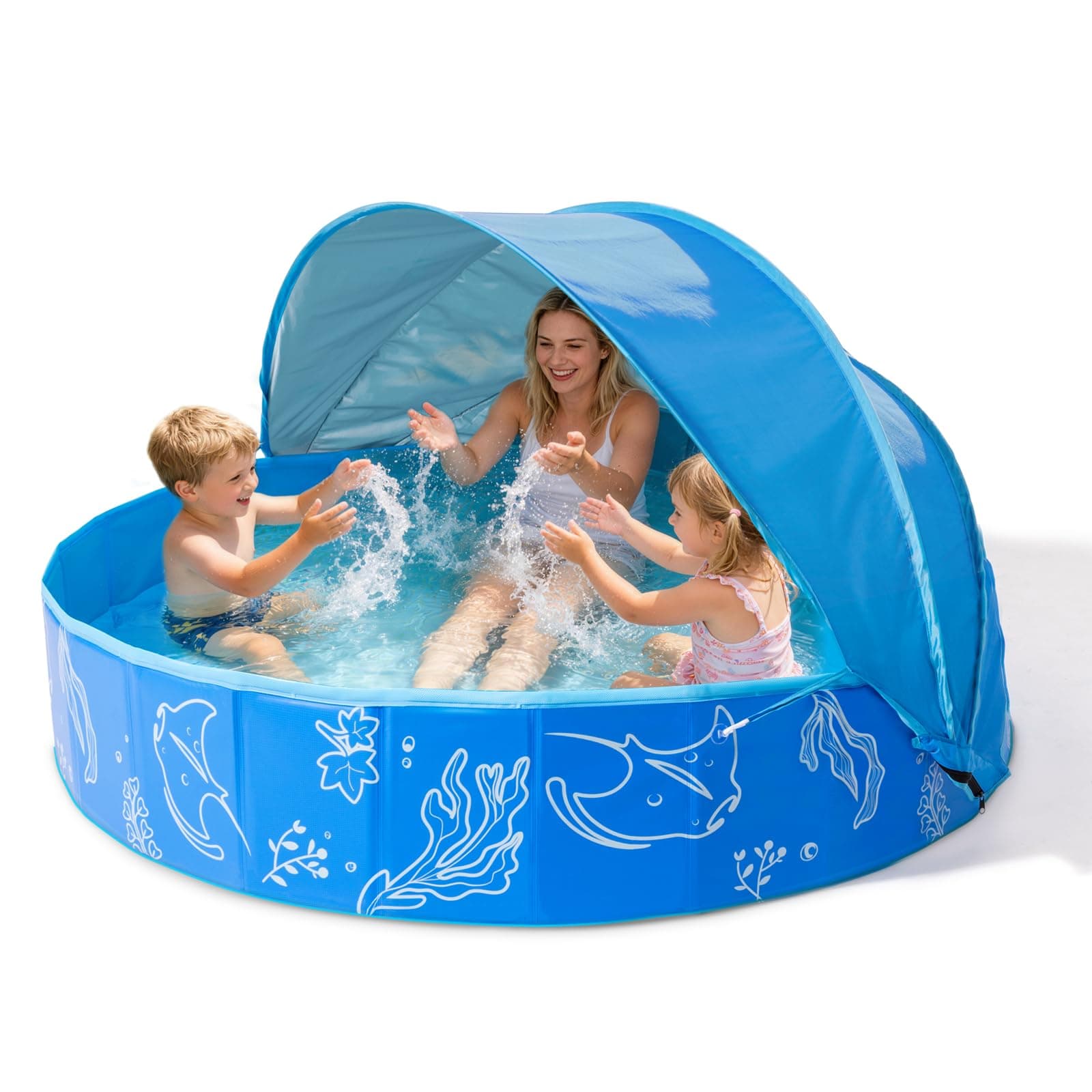 Hikiddy Planschbecken mit Schatten:31.5Zoll /47 Zoll / 63 Zoll Pop-Up Splash Pool mit Schatten für Sommer Strand Garten (Blau, 160CM) Blau 160CM Angebot bei HelloDeals