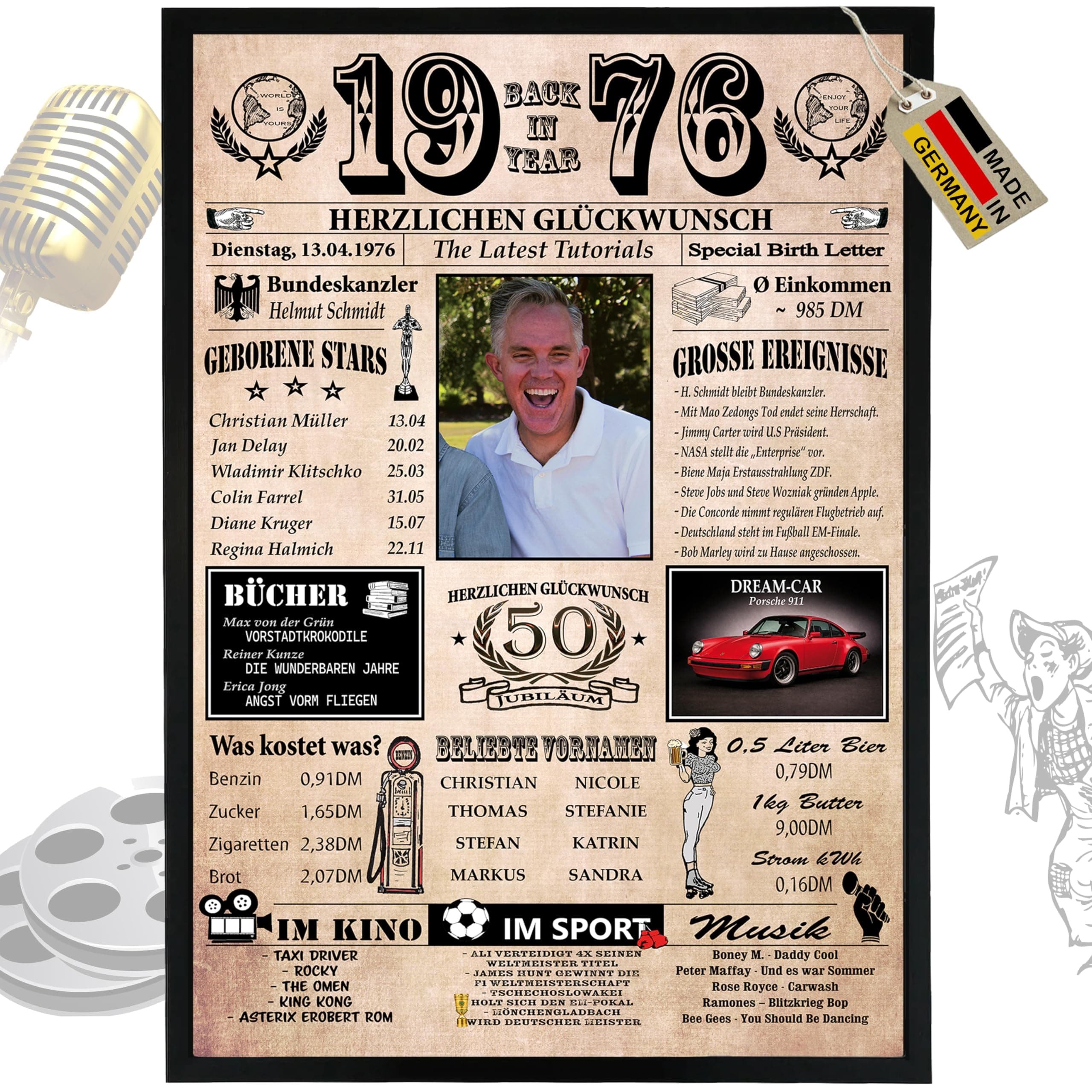 DUOMIO Zum 50. Geburtstag | 1976 – 6 Felder PERSONALISIERBAR! Back in Year 1976 – Jahreschronik – Geschenk zum 50. Geburtstag für Frauen & Männer – Ausdruck auf 400g/m² Premium Papier 50.Geburtstag/1976 Angebot bei HelloDeals