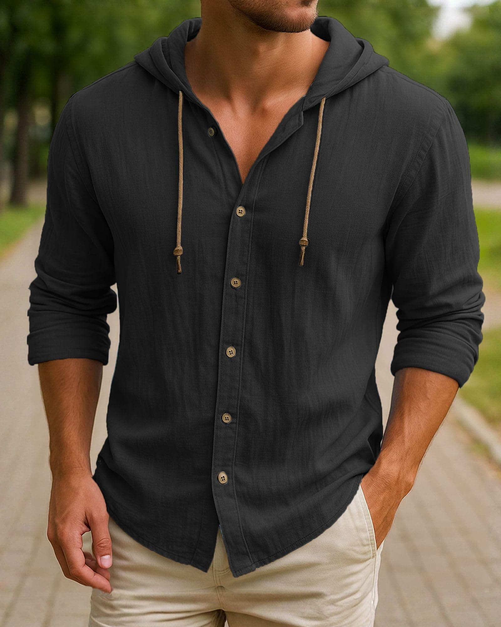 Herren-Sweatshirt, Leinen, langärmelig, lässig, Strand-Tops mit Kapuze XL Schwarz Angebot bei HelloDeals