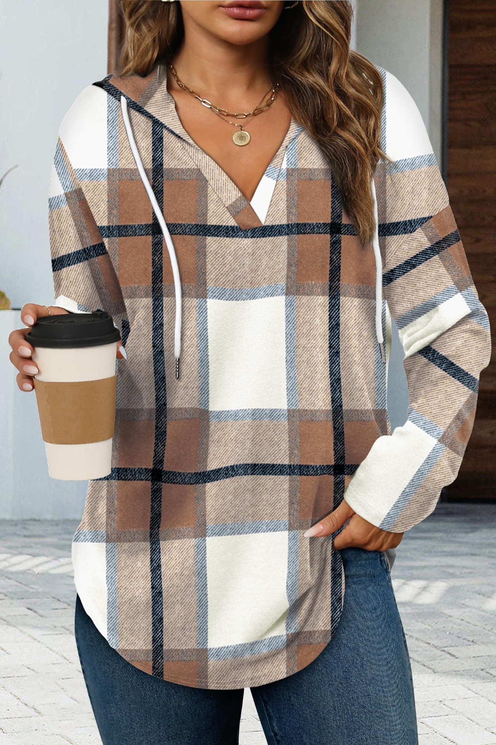Modisches Top, Kapuzenpullover für Damen, Oversized, Sweatshirts, lange Ärmel, lockere Passform S Gelb-weiß-schwarz Gitterarbeit Angebot bei HelloDeals