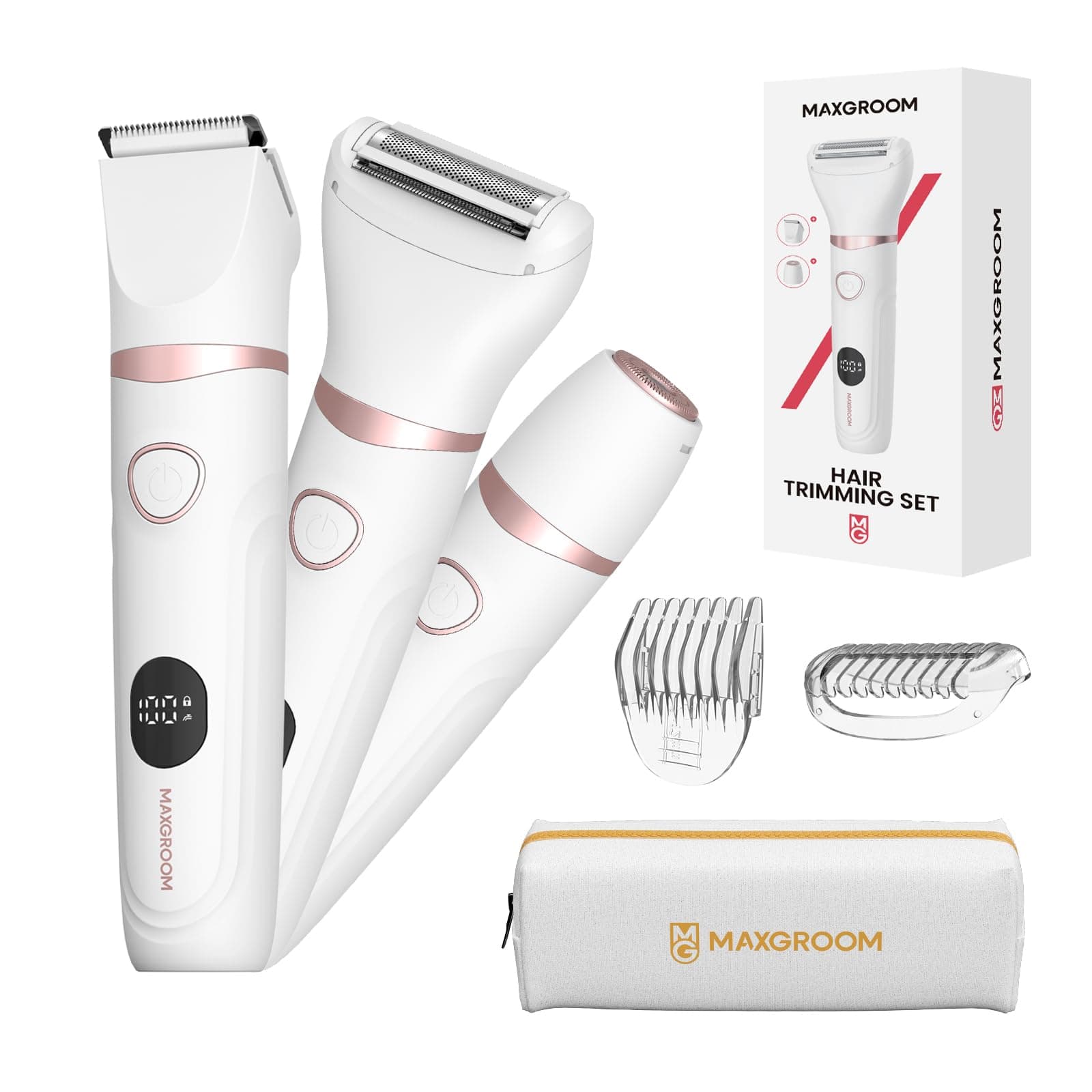 MAXGROOM 3-in-1 Intimrasierer für Frauen,Akku Elektrischer Rasierer Damen Intimbereich mit LED Nass-Trocken Damenrasierer Elektrisch,Bikini Trimmer Damen Intimbereich,Elektrorasierer für Gesicht Weiß Angebot bei HelloDeals