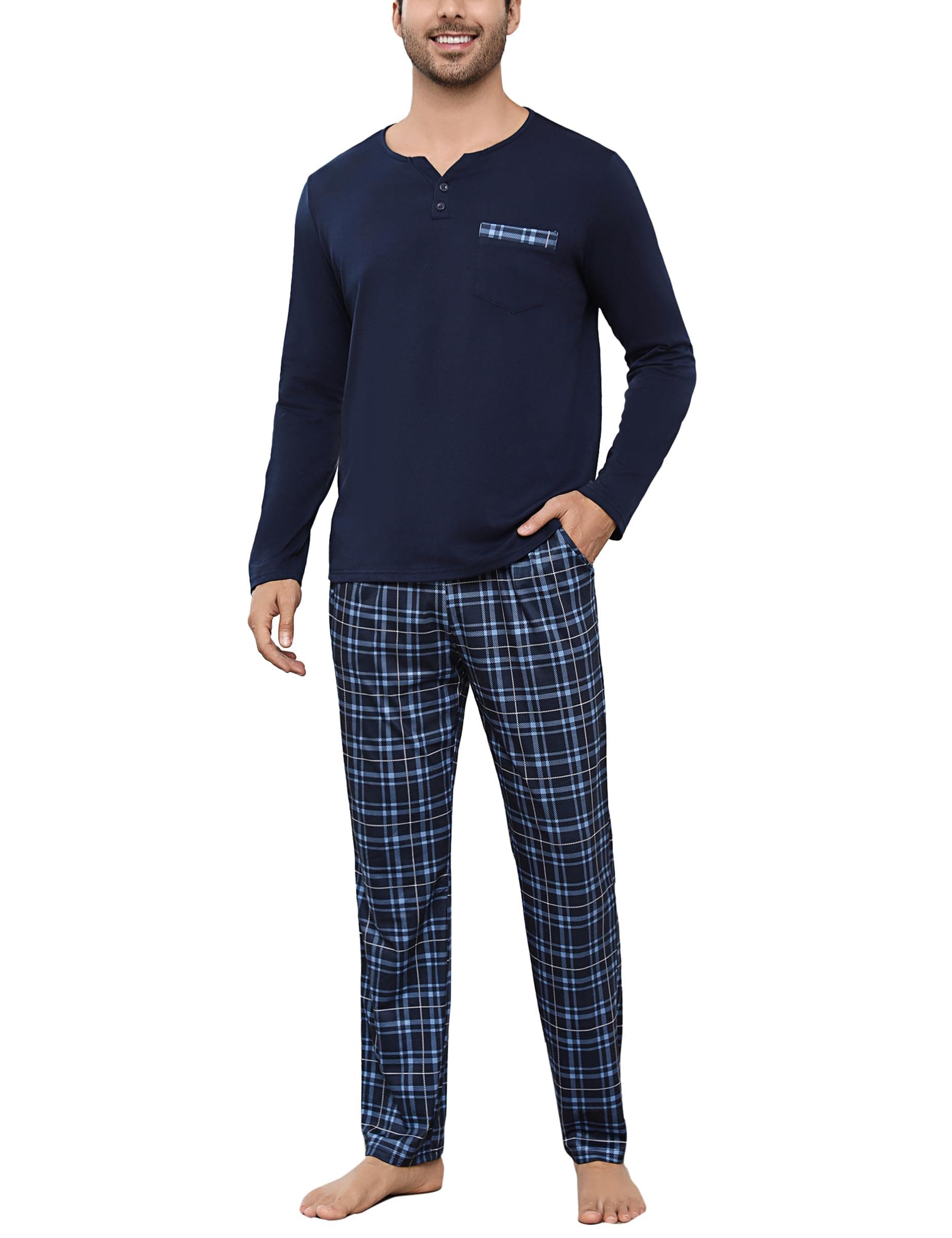 Bresdk Schlafanzug Herren Pyjama Set Lang Baumwolle mit 2 Knöpfen Zweiteilige Nachtwäsche XL Marineblau Angebot bei HelloDeals