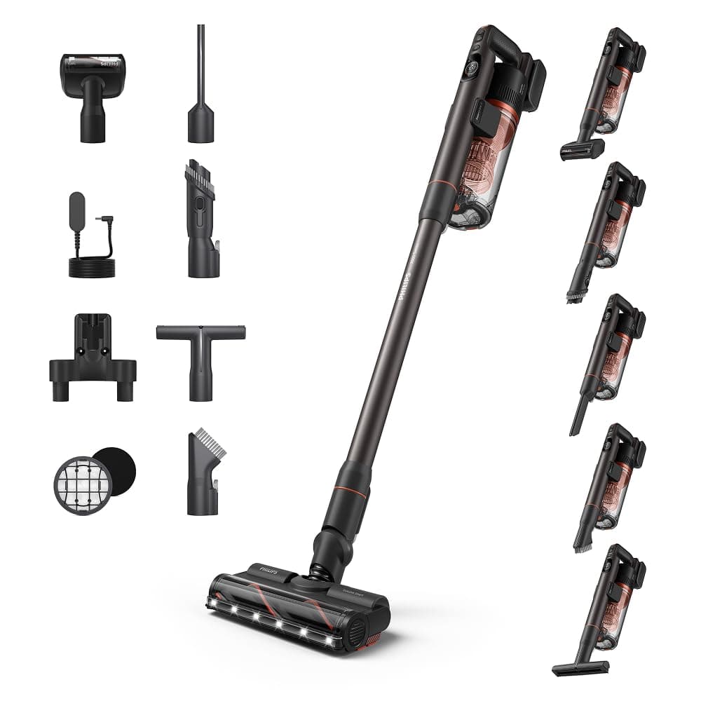 Philips SpeedPro Max Kabelloser Stielstaubsauger 7000 Serie, Für Tierhaare, 360° Kraftvolle Saugkraft, Max. 80 Min., Verwicklungsfrei, Für Teppiche und Hartböden, 4 LED-Aufsätze (XC7065/01) Carbon/Korall 7000 Pet 80 Min Laufzeit Angebot bei HelloDeals