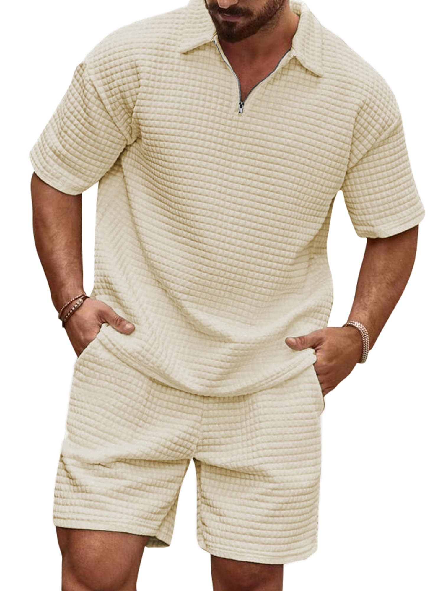 JMIERR Herren 2 Pcs Waffel Polosuit Outfits Halb Zip Polo Shirt und Short Texturiert Sommer Set S-3XL A Beige M Angebot bei HelloDeals