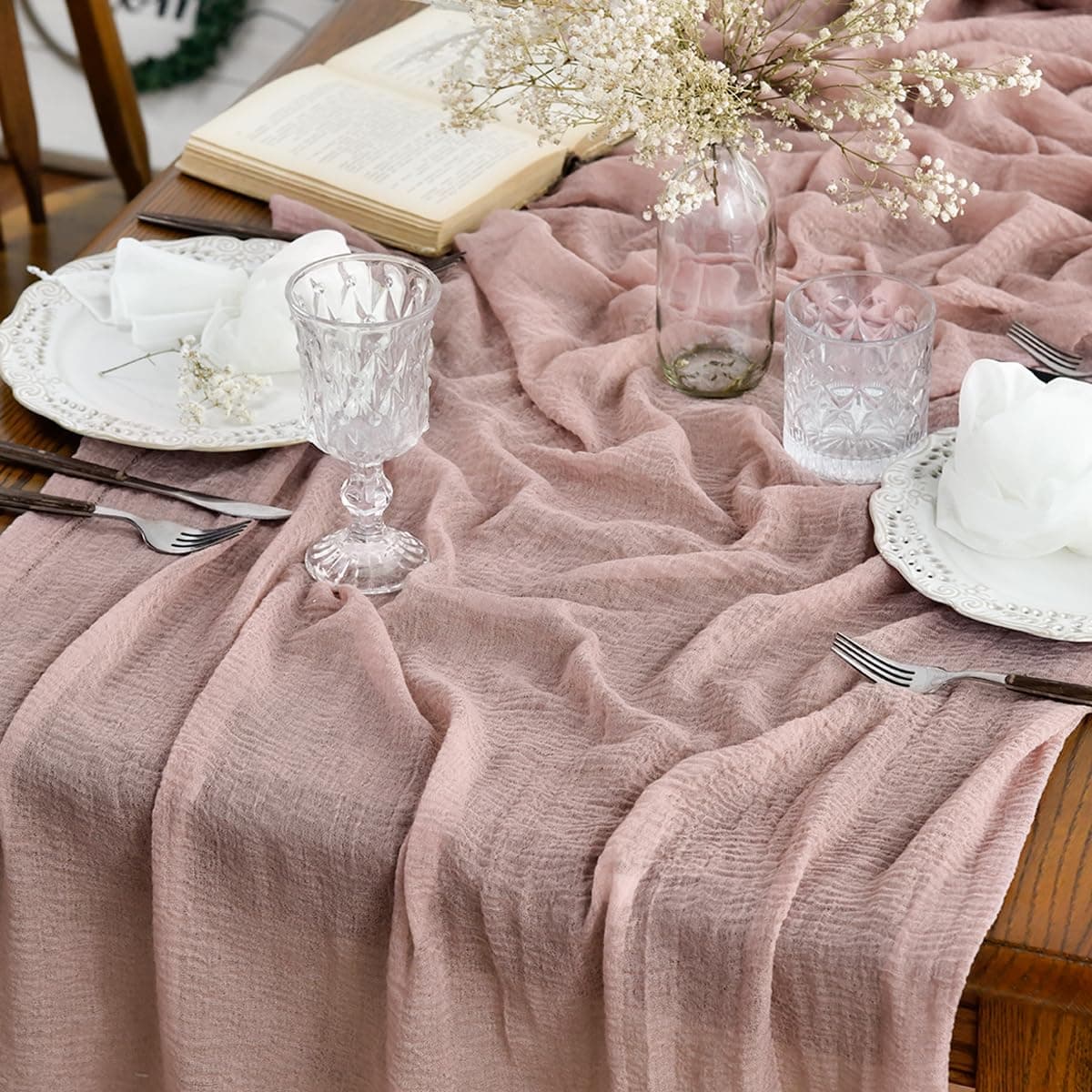 Artoid Mode Boho Gaze Käsetuch Staubiges Rosa Tischläufer 80x300 cm, Küche Tisch Dekoration Drinnen Urlaub Hochzeit Party Geburtstag Dekor 80 x 300 cm Staubiges Rosa Angebot bei HelloDeals