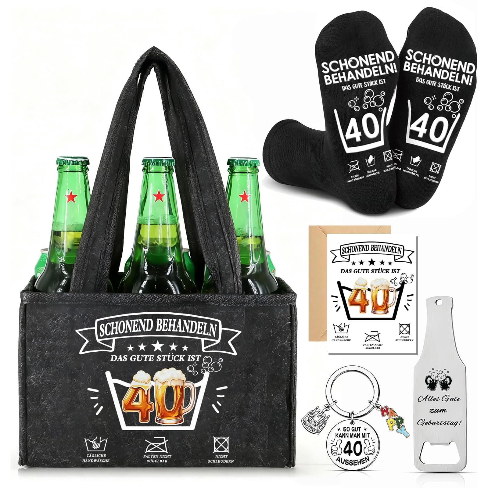 Männerhandtasche Bier Geschenkset,Geburtstagsgeschenk Mann 40.Geburtstag,Geburtstagsgeschenk für Männer,Bier Handtasche,Socken,Flaschenöffner,Schlüsselanhänger & Karte,Biergeschenke Männer Schwarz-40 Angebot bei HelloDeals