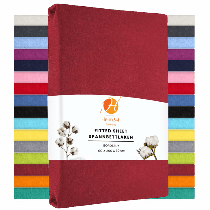 Heim24h Spannbettlaken 90x200cm bis 30 cm, Bordeaux, 100% Baumwolle Bettlaken, Öko Tex Zertifiziert Jersey Spannbetttuch Bordeaux 90x200x30 cm Angebot bei HelloDeals