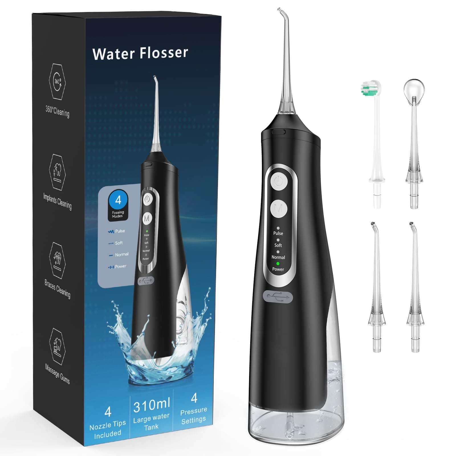Leistungsstarke Munddusche Elektrischer Zahnreiniger 4 Modi & 4 Düsen Kabellose Munddusche IPX7 Wasserdicht Wasser Flosser 310ML Abnehmbarer Wassertank für Ten Heim- und Reisegebrauch M01 Black Angebot bei HelloDeals