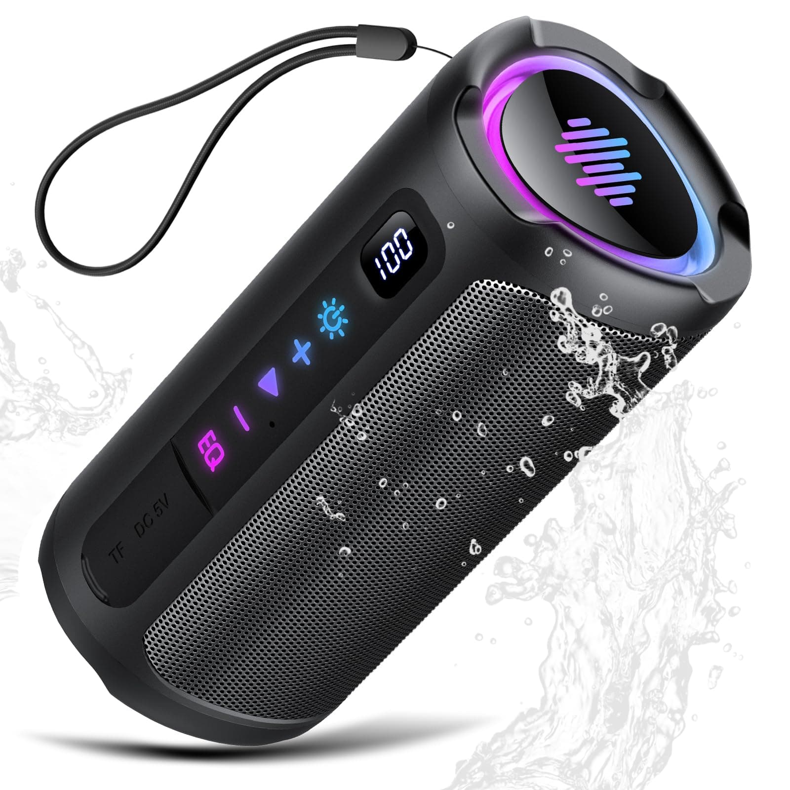 Bluetooth Lautsprecher mit Licht, 25W tragbare Musikbox, verbesserter Bass, LED-Anzeige, 24 Std. Akku, Bluetooth 5.4, IPX7 wasserdicht, TWS, AUX, TF-Karte, Lautsprecher für Reisen, Sport, Party Schwarz Angebot bei HelloDeals