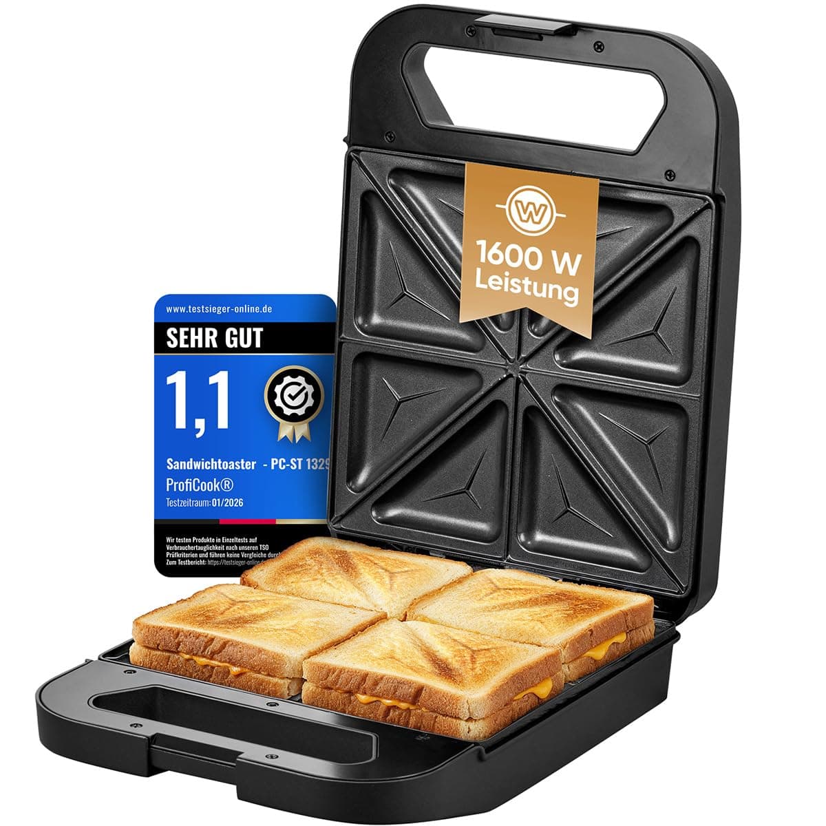 ProfiCook® Sandwichmaker für 4 Sandwiches gleichzeitig | Antihaft-Platten | kein Anbrennen | Sandwich Maker 1600W | Bereitschaftsanzeige | Toaster Sandwichtoaster PC ST 1329 Schwarz Angebot bei HelloDeals
