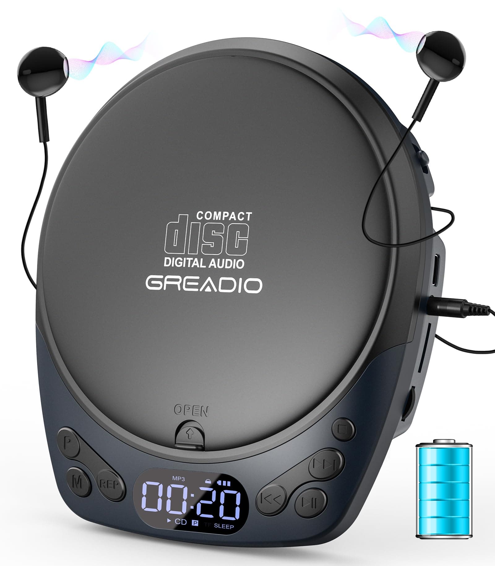 Greadio CD Player Tragbar mit Kopfhörer, Wiederaufladbarer Discman-CD-Player für Auto und Zuhause, Walkman CD-Spieler mit Anti-Skip-Funktion, Unterstützt CD/MP3/WMA/TF/AUX/Sperre Blau Angebot bei HelloDeals
