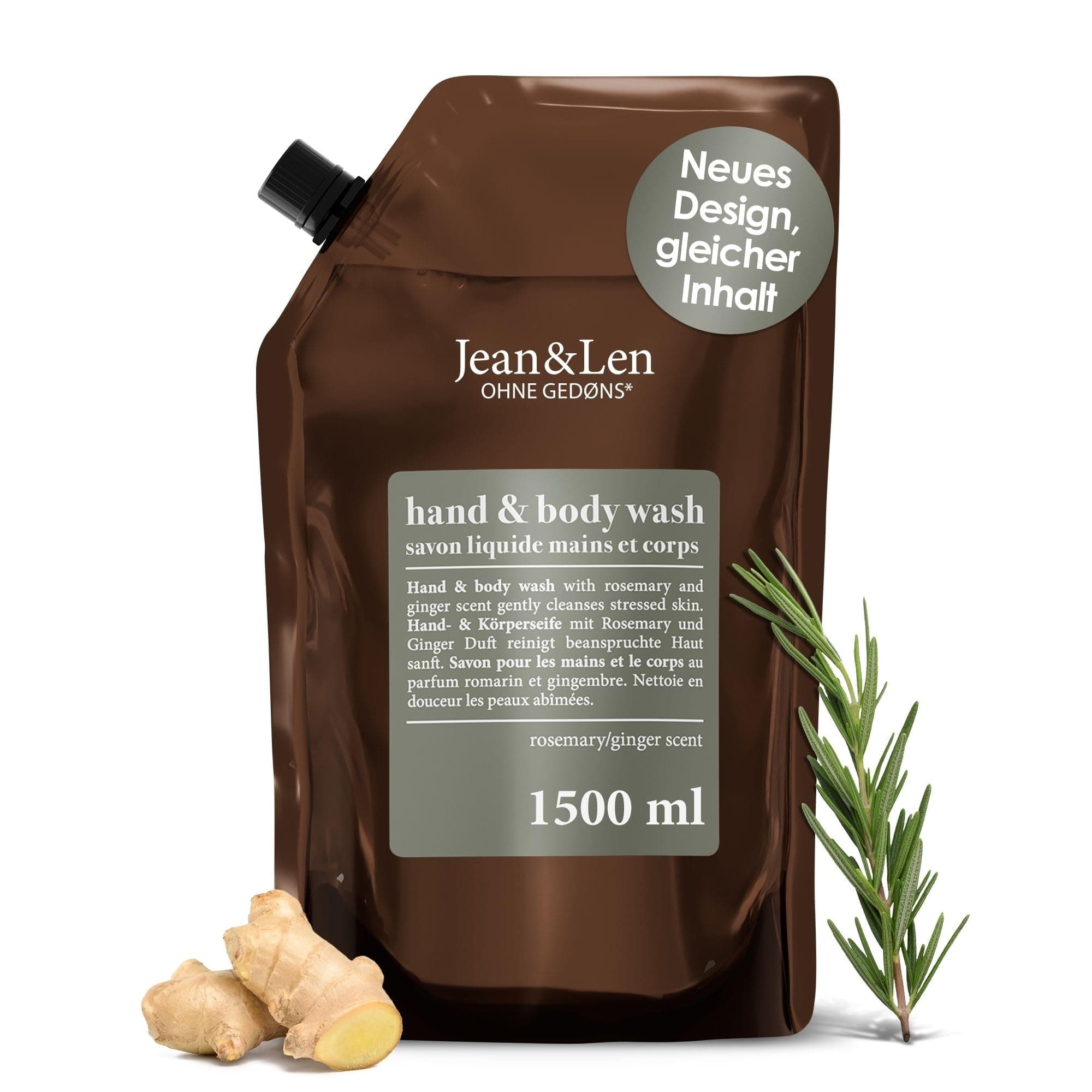 Jean & Len Hand & Body Wash Rosemary und Ginger im Nachfüllbeutel, reinigt und pflegt die Haut, würzig-frischer Duft, Flüssigseife im Nachfüllpack, ohne Silikone & Parabene, 1,5L Angebot bei HelloDeals