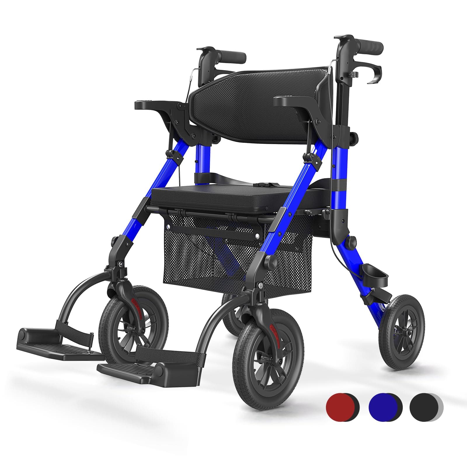 VOCIC 2 in 1 Rollstuhl Rollator Faltbar und Leicht mit Sitz,Outdoor Gummireifen für Allen Gelände,Leichtgewicht Rollatoren mit Netztasche,Aluminium Gehhilfer Transport-Stuhl,Blau (5 Jahre Support) Angebot bei HelloDeals