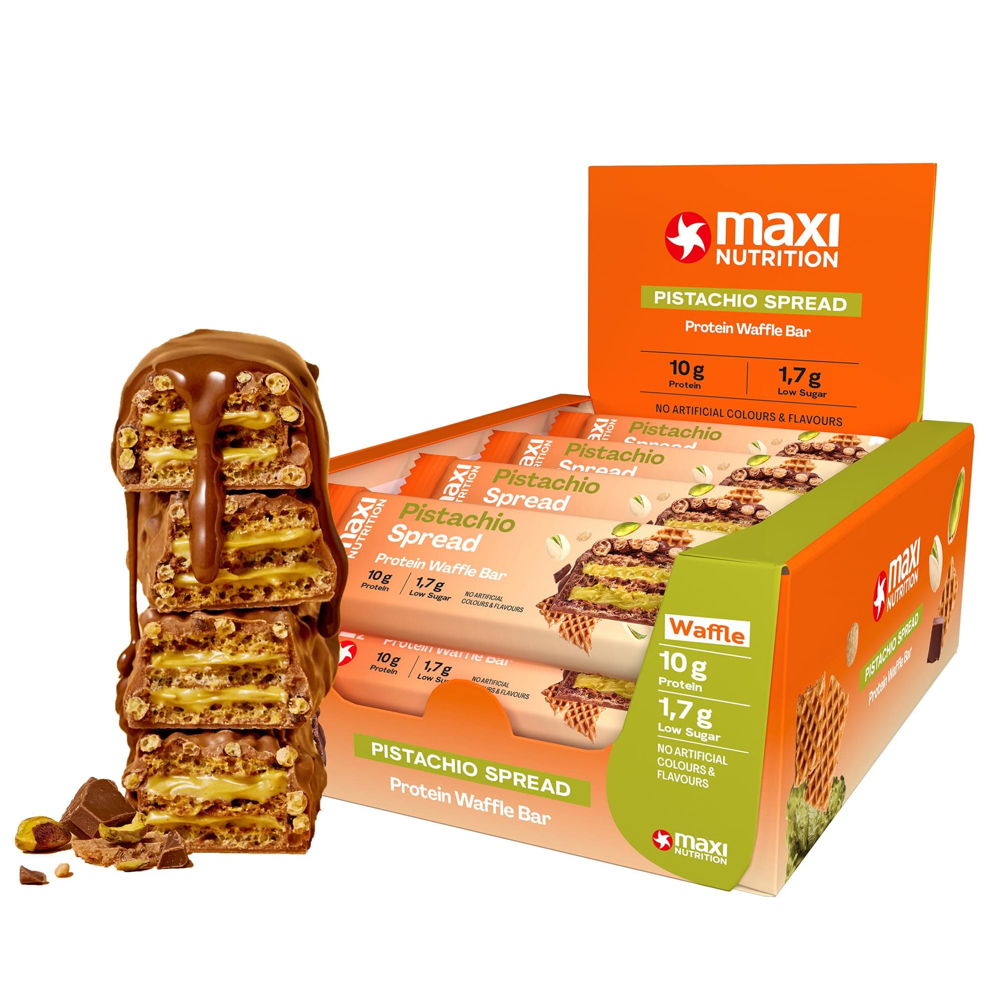 MaxiNutrition Pistachio Spread Protein Waffle Bar, 26% Eiweiß, 199 kcal, (12 Eiweißriegel x 39g), Ohne Zuckerzusatz Angebot bei HelloDeals