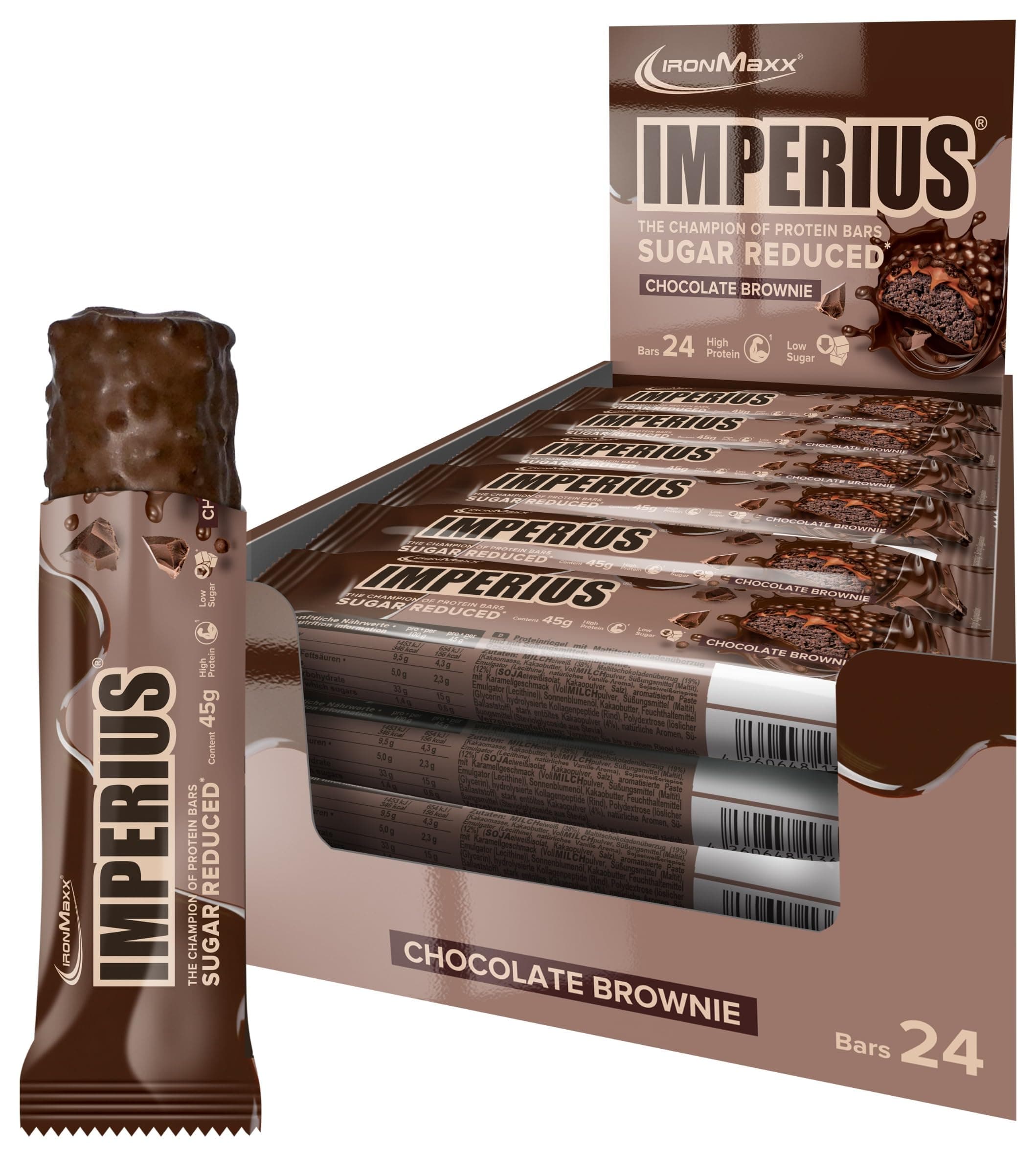 IronMaxx Imperius - Chocolate Brownie 24x45g | Low Sugar Proteinriegel mit Sojaeiweißcrispies für Extra - Crunch | High Protein & Sugar reduced Angebot bei HelloDeals