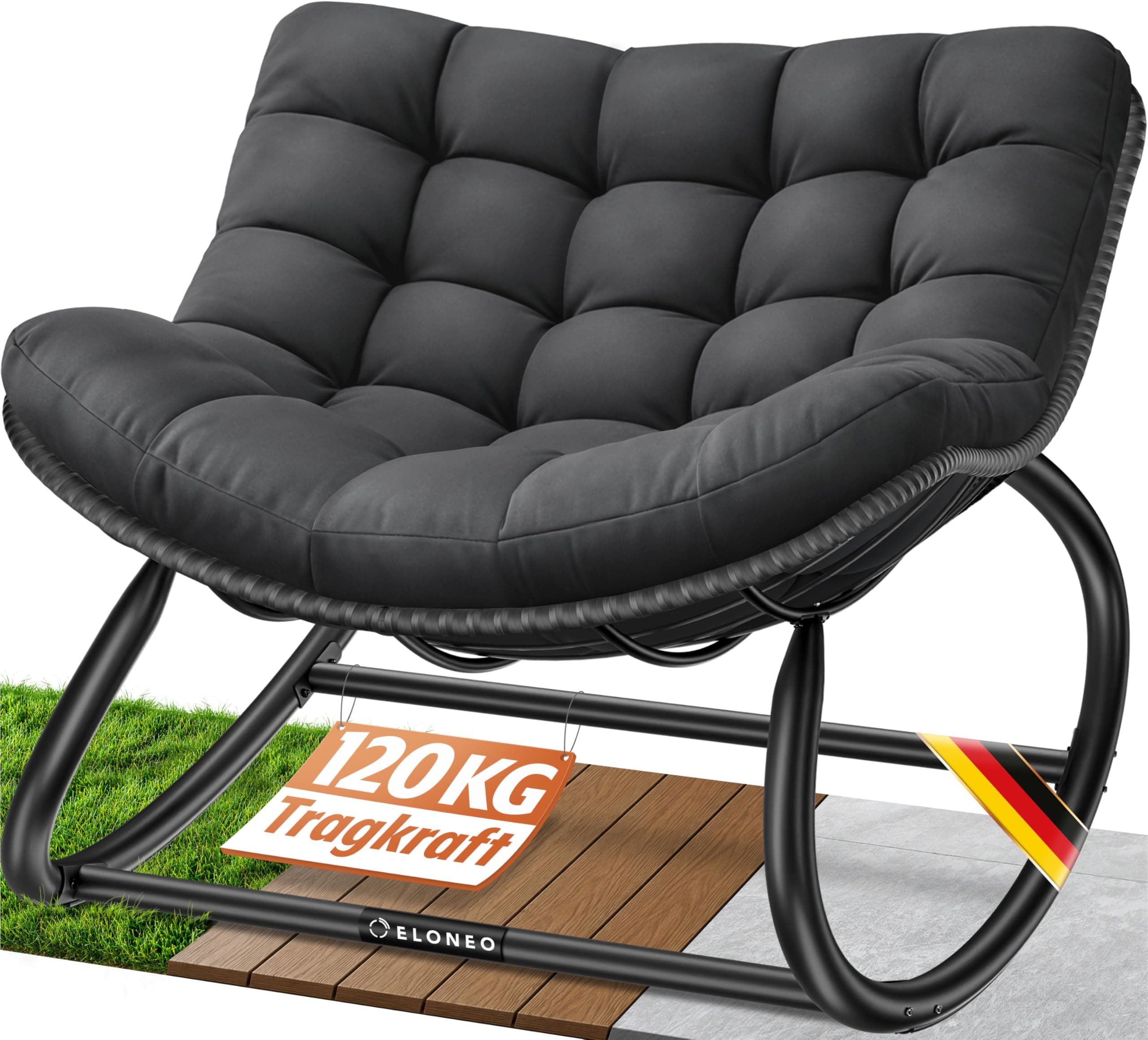 ELONEO Schaukelstuhl Outdoor XXL, ergonomischer Schaukelsessel mit Premium Sitzpolster für drinnen & draußen, Balkonsessel, wetterfester Loungesessel Outdoor, rutschfest, bis 120kg, Schwarz Schwarz Schaukelstuhl Angebot bei HelloDeals