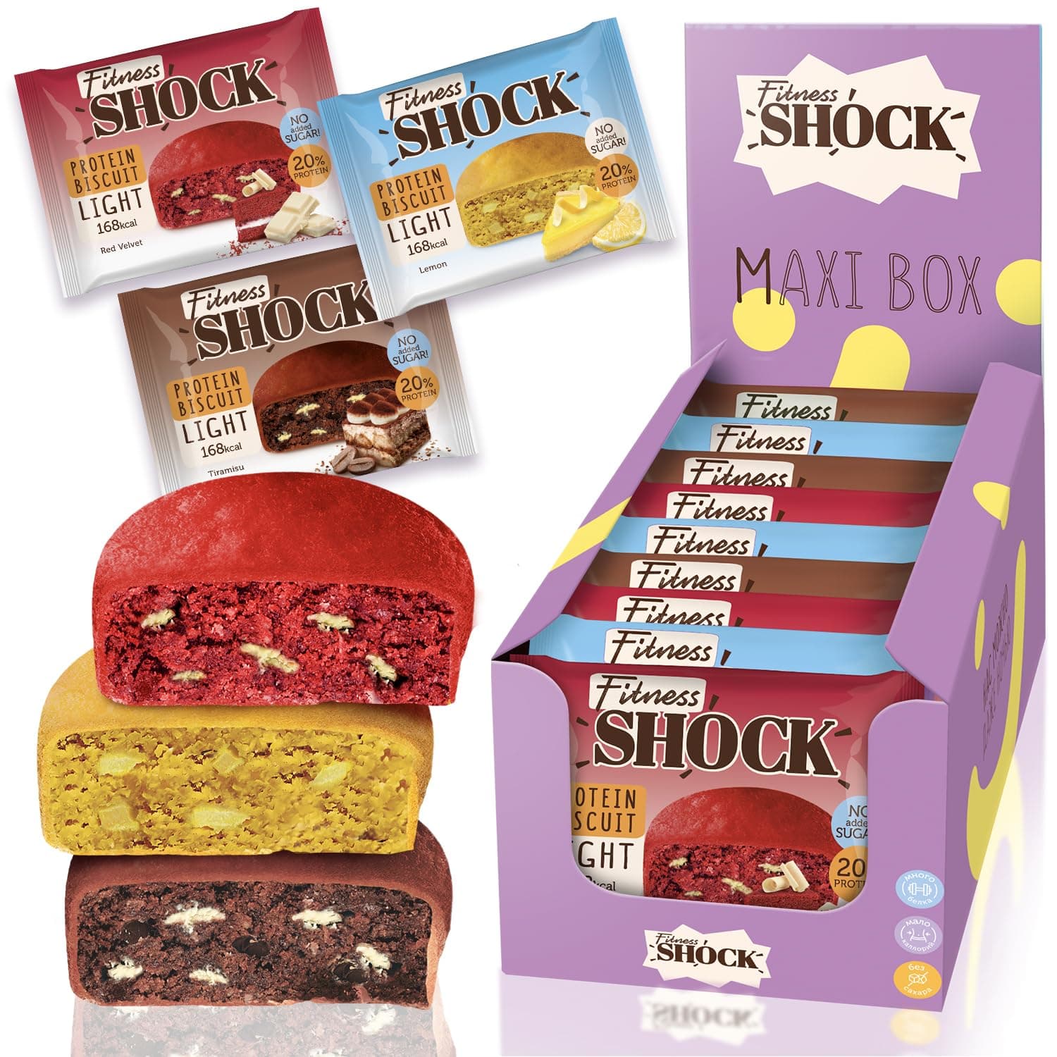 FitnesSHOCK Protein Snack Mixbox ohne Zucker, 20% Eiweiß, Nährstoffreich, Low Carb, Kalroienarm, Reich an Ballaststoffen, weiche Konsistenz, ohne GVO 9 Stück х 40g - verschiedene Dessert Sorten Biscuits Dessert Mix Angebot bei HelloDeals