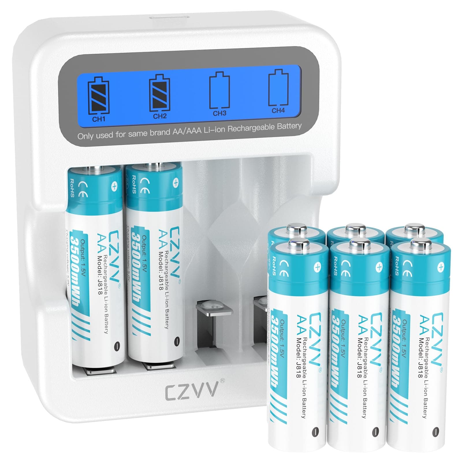 Wiederaufladbare Batterien AA Lithium 1,5V - Hoher Kapazität 3500mWh - 1300 Ladezyklen - 8 Stück Akkus mit LCD-Anzeige Ladegerät, 2 Stunden Schnellladung, Geringe Selbstentladung(weiß) 8 Stk.+ LCD Ladegerät weiß Angebot bei HelloDeals