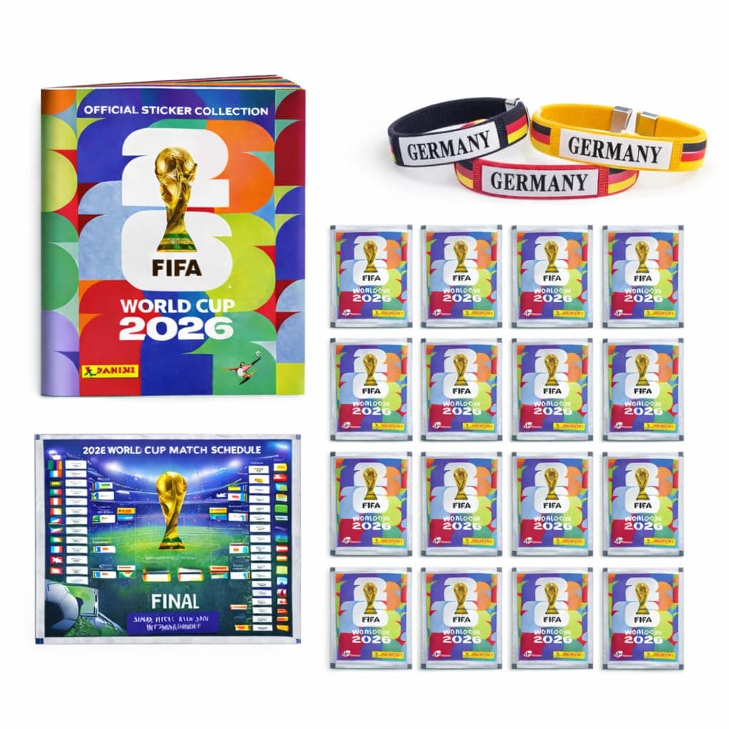 XXL Fan Starterset WM 2026 – Original Panini Sticker Album, Extra 1x Spielplan & 3x Deutschland Armbänder (1 Tüte / 13 Sticker Set) Eigenmarkenbundle Angebot bei HelloDeals