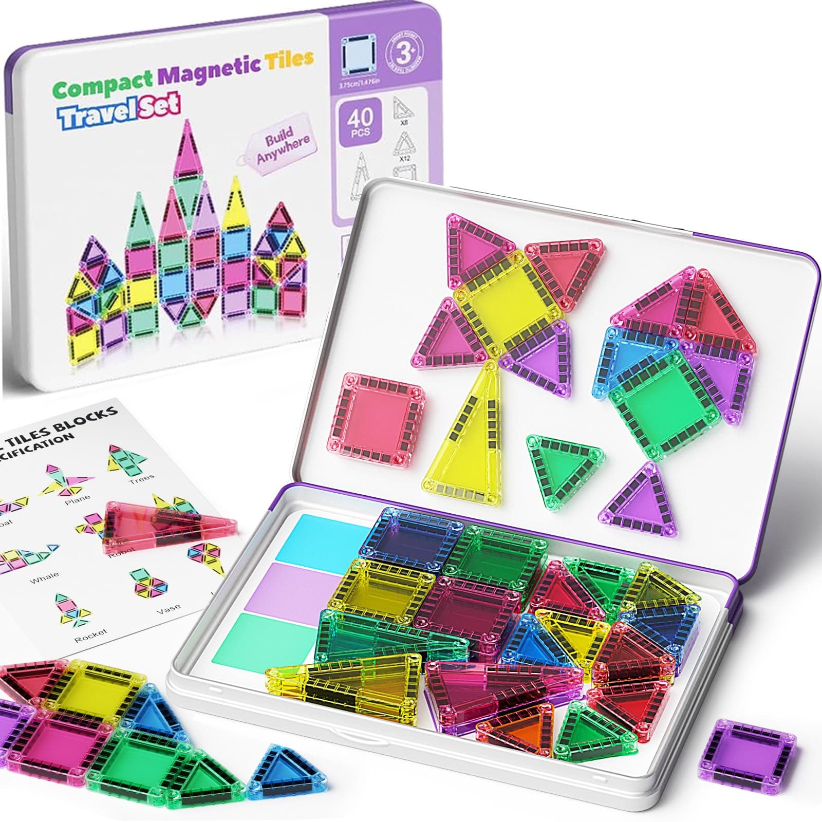 Magnetische Fliesen, 40-teilige Reise Magnetische Bausteine Set mit Metallbox, MINI Magnet Fliesen Bauspielzeug für Alter 3 + Jungen Mädchen, On-The-go Play STEM Montessori Magnetische Spielzeug 40 Pcs Magnetic Tiles Angebot bei HelloDeals