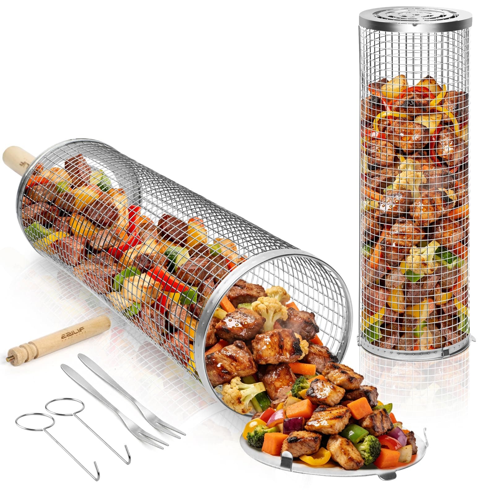 Rollendes Grillkorb Set, Abnehmbarem Holzgriff, 304 Edelstahl, Grill Zubehör für Gemüse, Fleisch und Meeresfrüchte, Einsetzbar für Holzkohlegrill, Gasgrill, Camping Gadgets, Geschenke Geburtsta Angebot bei HelloDeals