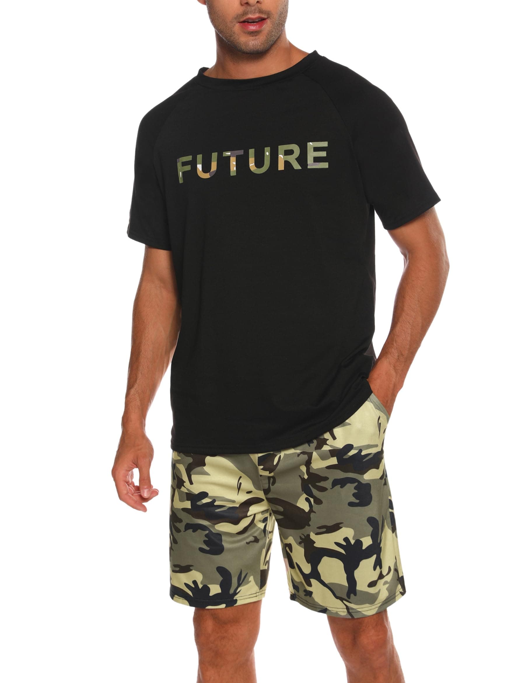 Nieery Schlafanzug Herren kurz Baumwolle Sommer PyjamaSet Bedrucktes Kurzarm T-Shirt und Schlafanzughose Shorts mit Camouflage Muster XL Grün Angebot bei HelloDeals
