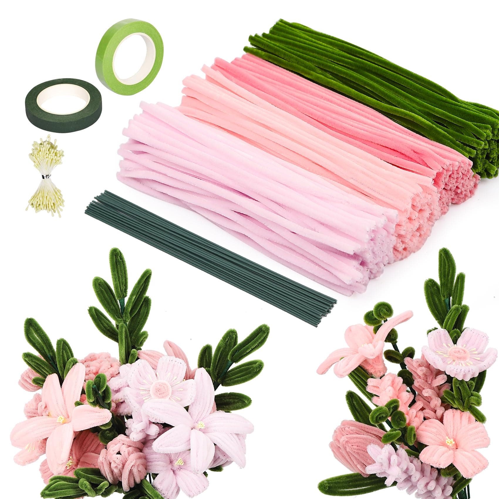320 Stück Pfeifenreiniger Blumen Rosa Grün Tulip Bouquet, Pfeifenputzer zum Basteln 30cm, 4 Farben Pipe Cleaner Flower Set, Biegeplüsch Chenilledraht mit Blumendraht,Blumen Staubblatt für DIY Bastel Pfeifenreiniger Rosa Grün Angebot bei HelloDeals