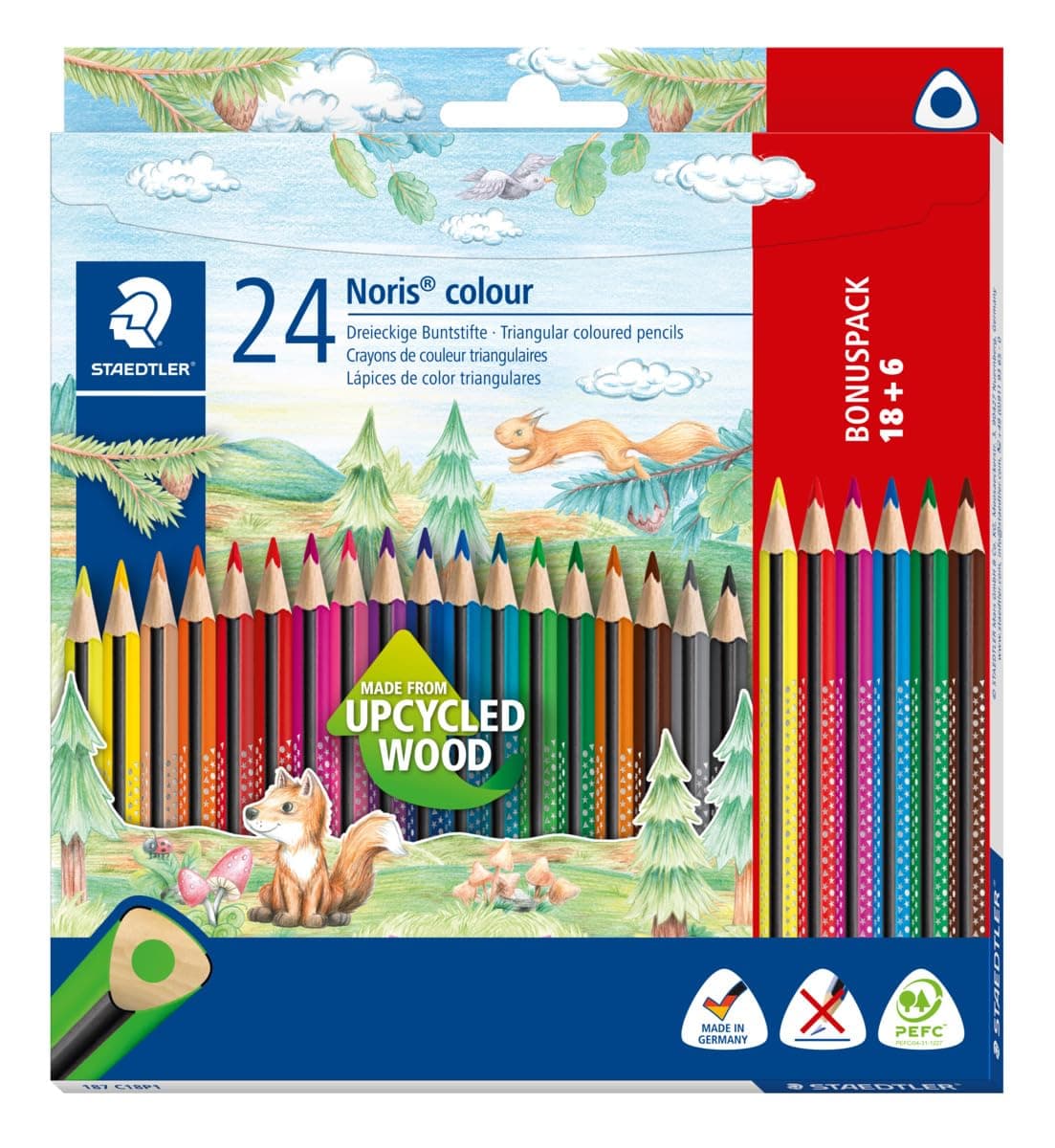 STAEDTLER Noris Colour Buntstift (erhöhte Bruchfestigkeit, Dreikantform, attraktives Design, ergonomische Soft-Oberfläche, WOPEX-Material, Bonus-Set mit 24 brillanten Stiften im Kartonetui), 187 C18P1 Premium 24 stück (1er Pack) Angebot bei HelloDeals