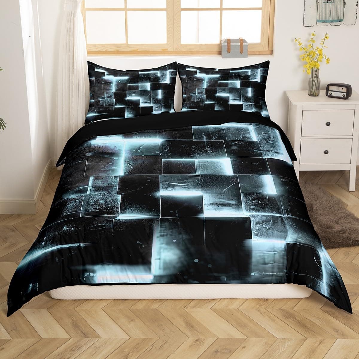 Homewish Schwarz und Grau Weiß Bettbezug Moderne Abstrakte 135x200 Bettwäsche Set 3D Glühende Plaid Komfortbezug Gradient Gitter Bett Set Neon Quadrat Bettwäsche (Schwarz Reversible) Multi 11 135*200+80*80*1 Angebot bei HelloDeals