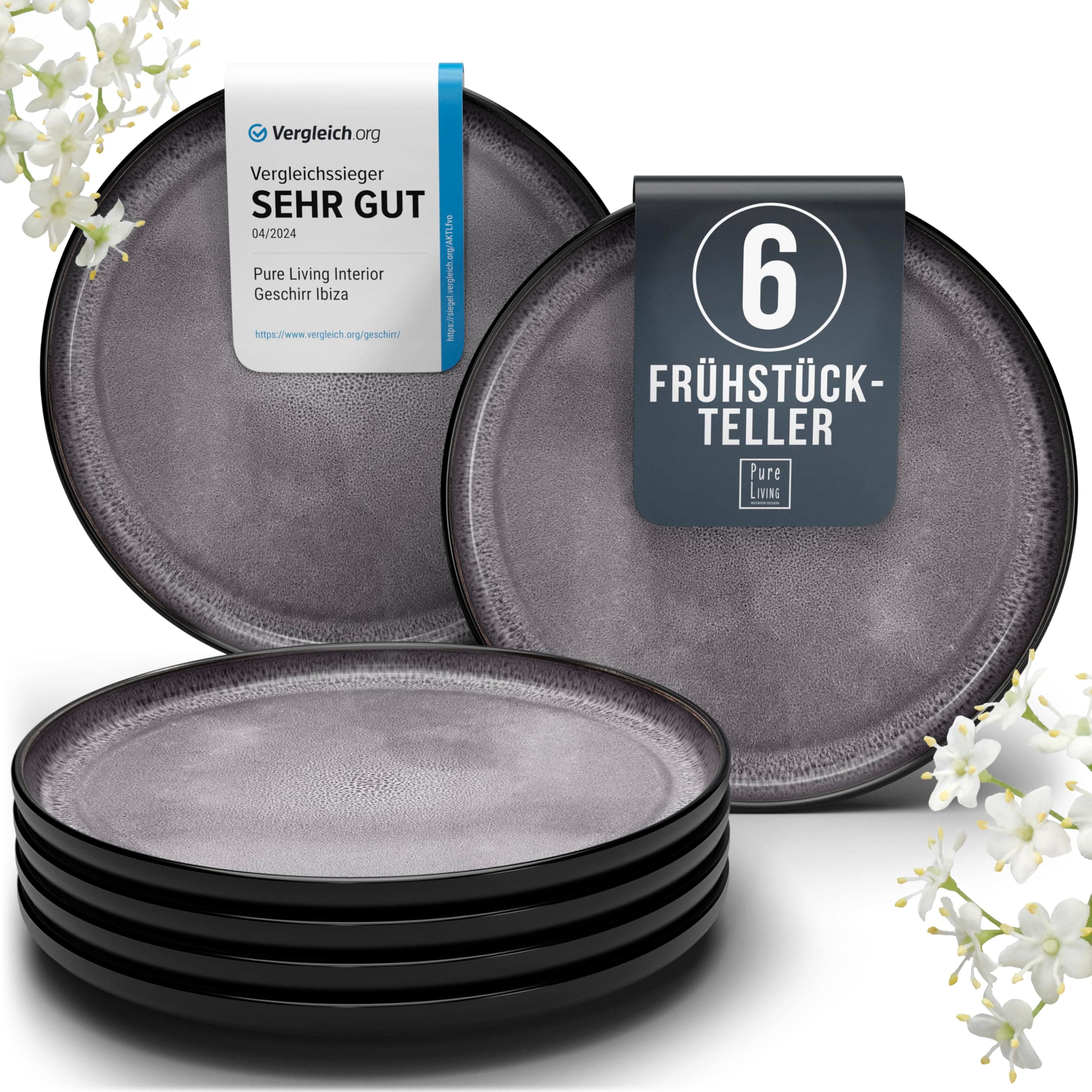 Steingut Frühstücksteller 6 Personen Ibiza TESTSIEGER, Traumhaftes Mediterranes Steingut Dessertteller Set, Kleine Teller, Salatteller - Pure Living in Grau Kleine Teller (6x) Grau Angebot bei HelloDeals