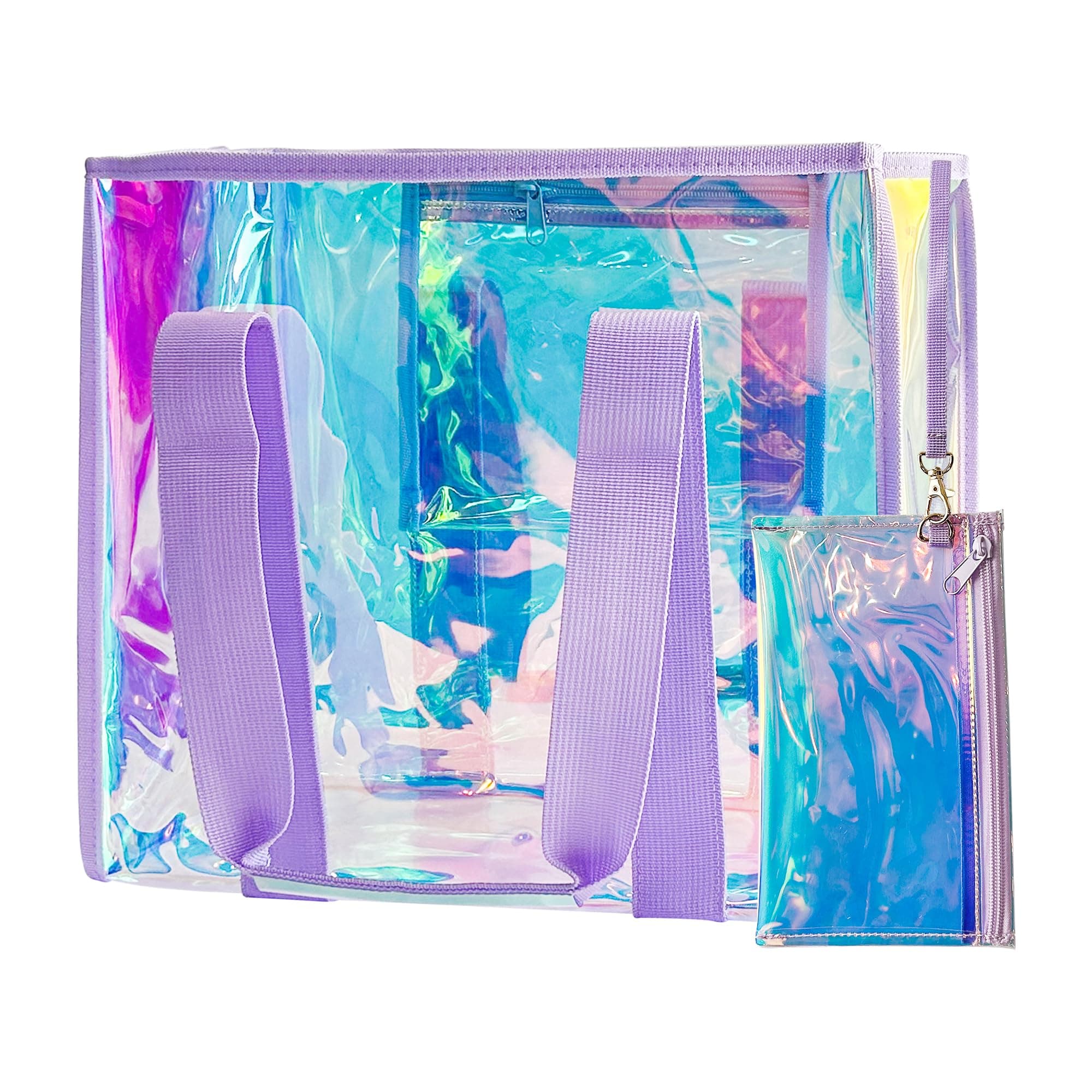 Violett Holografische Handtasche mit Handyfach - Durchsichtige PVC-Tragetasche Stadion-zugelassen & Wasserdicht (1 Stück) Holographisch/Glänzend mit Regenbogeneffekt Angebot bei HelloDeals