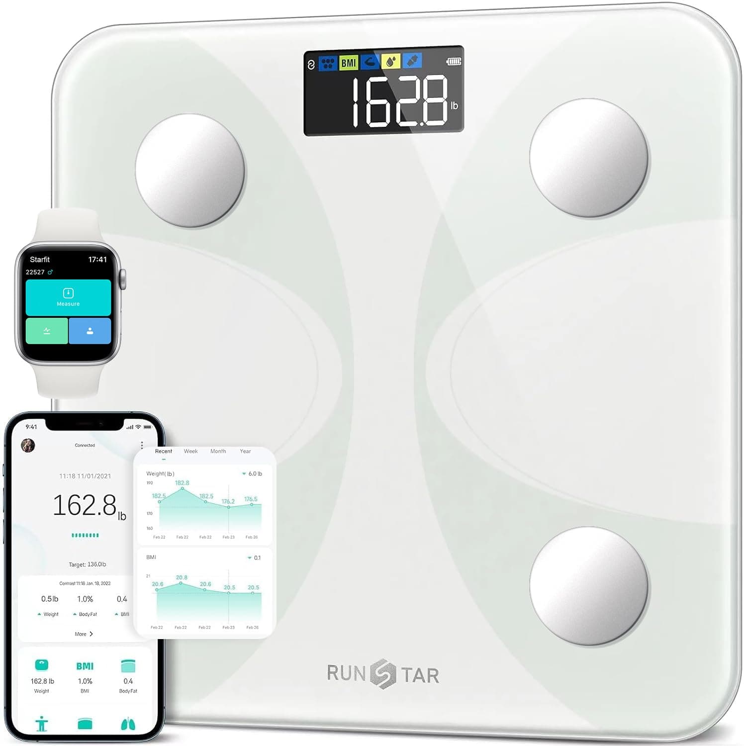 RunSTAR Körperfettwaage, Personenwaage Digitale mit großem Display, Analysator für 13 essentielle Körperwerte, mit App-Synchronisierung - Weiß Angebot bei HelloDeals