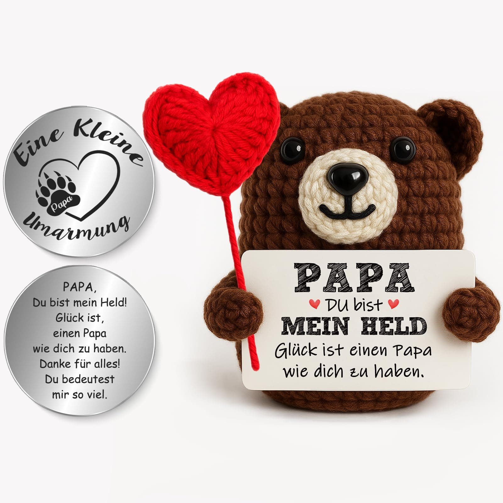 Tixlux Geschenk für Papa, Vatertagsgeschenk Glücklicher Bär mit Herz, Handgefertigte Strickwolle Bär-Figur mit Umarmung Glücksbringer, Vatertag, Gute Besserung, Weihnachten Bär-Papa Angebot bei HelloDeals