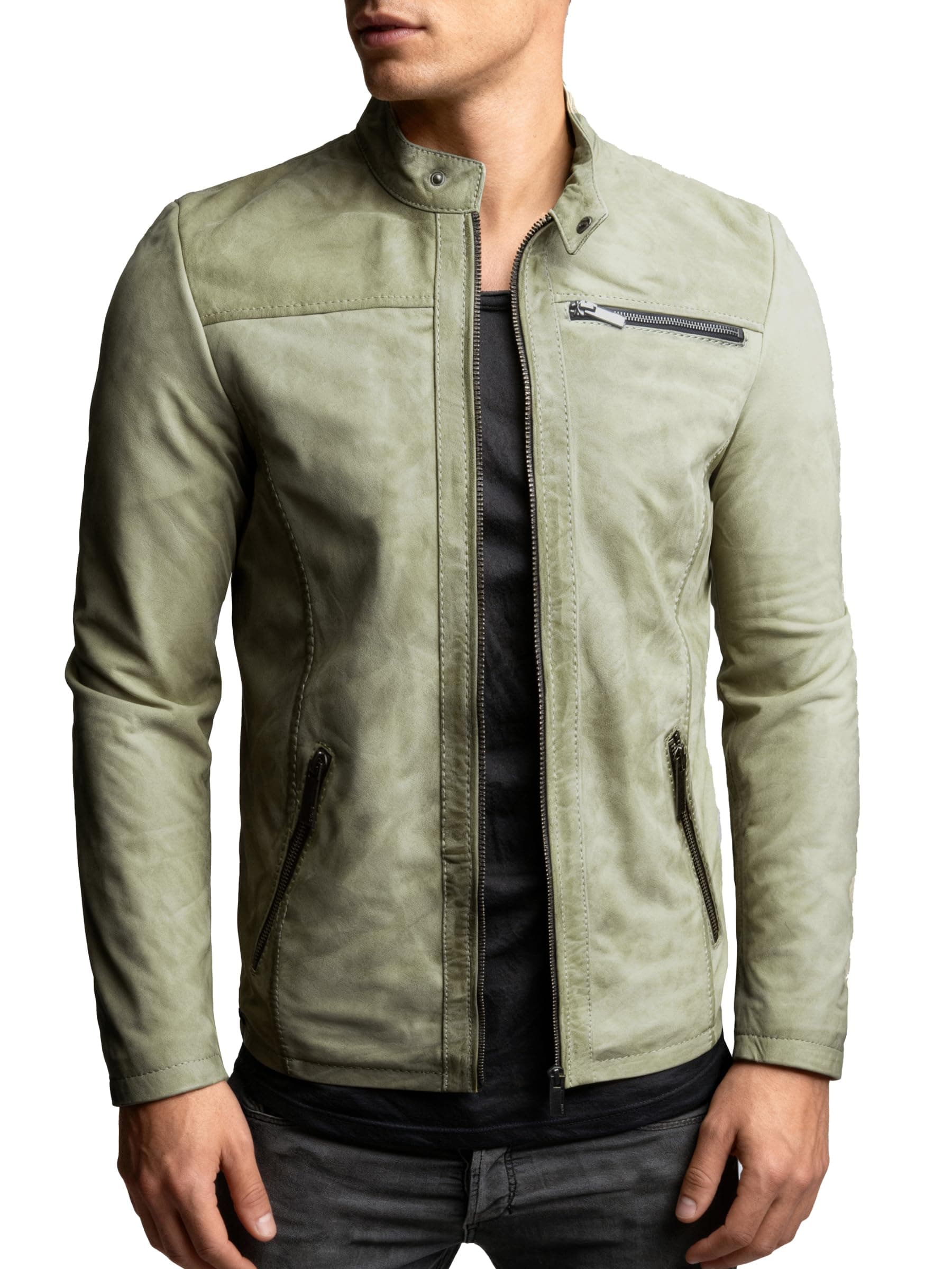 Crone Epic Herren Lederjacke Cleane Basic Leder Jacke in vielen Varianten und Farben XL Light Military Green (Nubukleder) Angebot bei HelloDeals