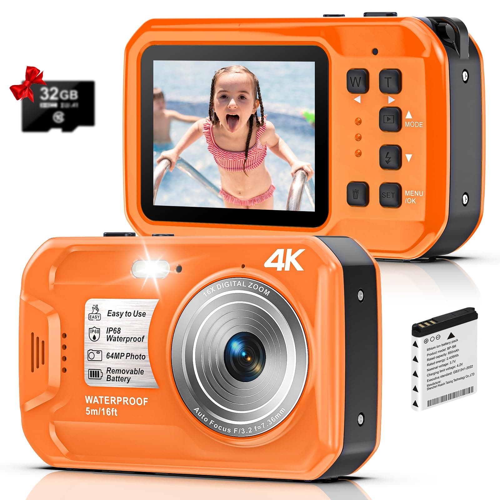 Digitalkamera, Yixinxin Unterwasserkamera 4K 64MP 16FT wasserdichte Kamera zum Schnorcheln, IPS HD Bildschirm 16X Digitalzoom und 32GB Karte Orange Angebot bei HelloDeals