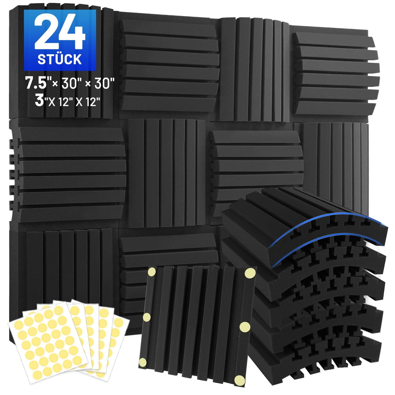 24 Stück Akustikschaumstoff Schallschutzplatten, 7.5 X 30 X 30 CM (3" X 12" X 12"), Schalldämmung Selbstklebend, Akustikplatten, Schallschutz Acoustic Panel, Umfassen 150pcs Doppelseitigen Klebepads 24 Stück - 7.5CM Angebot bei HelloDeals