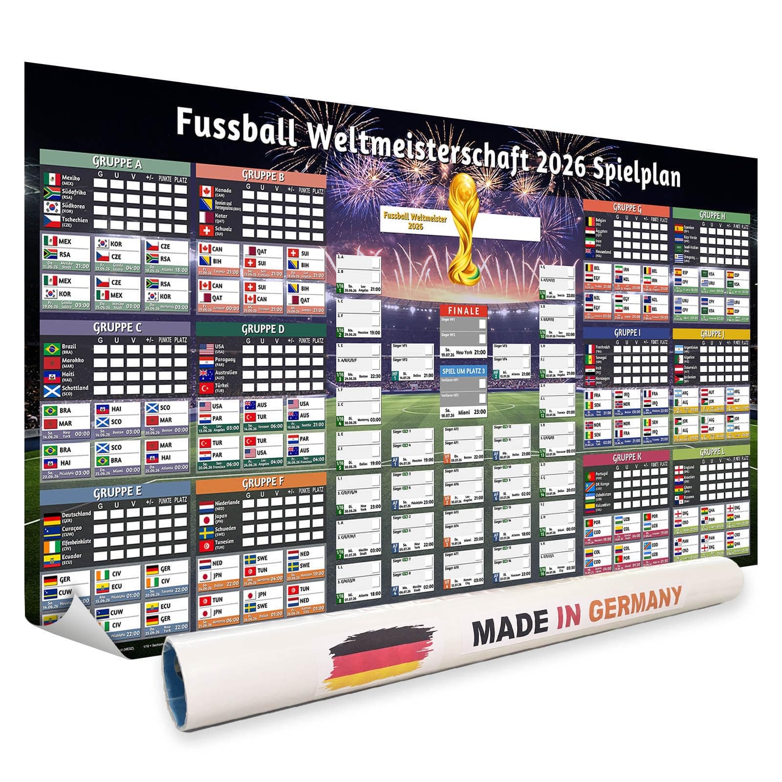CoolChange XXL Fußball WM Poster | 120x60cm | Spielplan Weltmeisterschaft 2026 USA Kanada Mexiko | gerollt, zum selbst eintragen, Fanartikel Angebot bei HelloDeals