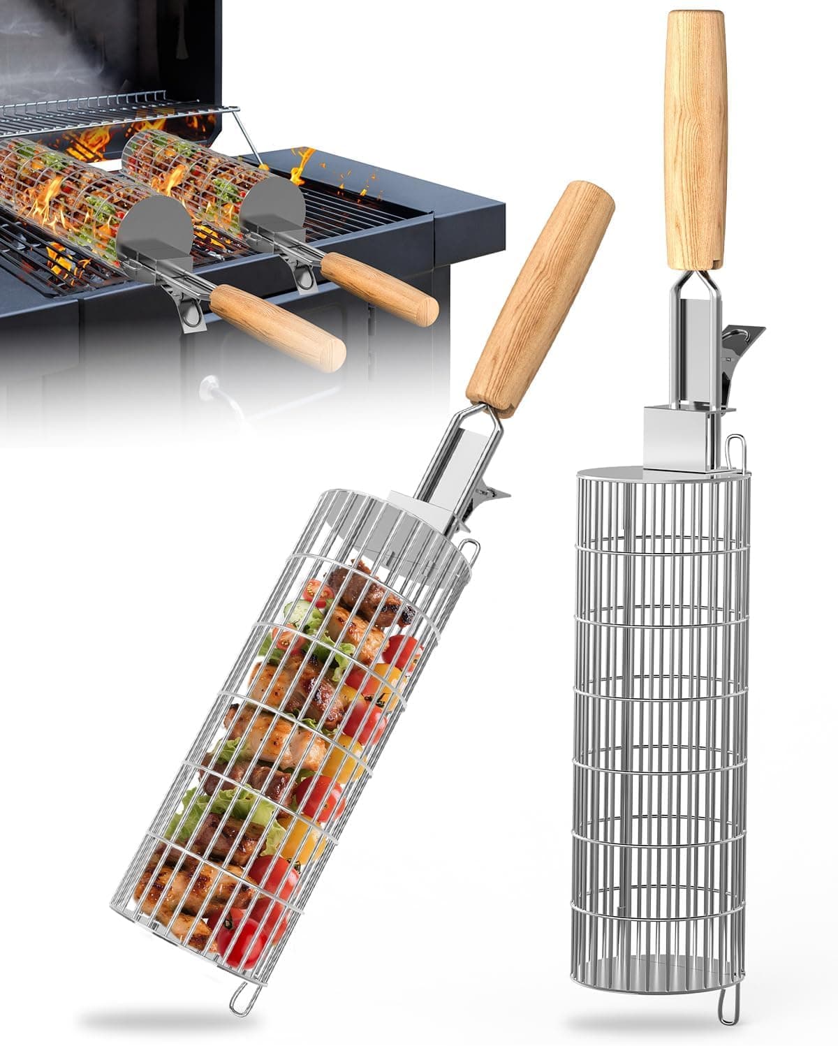 Rollendes Grillkorb Set, Grill zubehör mit abnehmbarer Holzgriff, Edelstahl 304, GrillZubehör für Outdoor-Grill, Gemüse, Fleisch und Meeresfrüchte am Außengril, Geschenke für Männer Papa Angebot bei HelloDeals