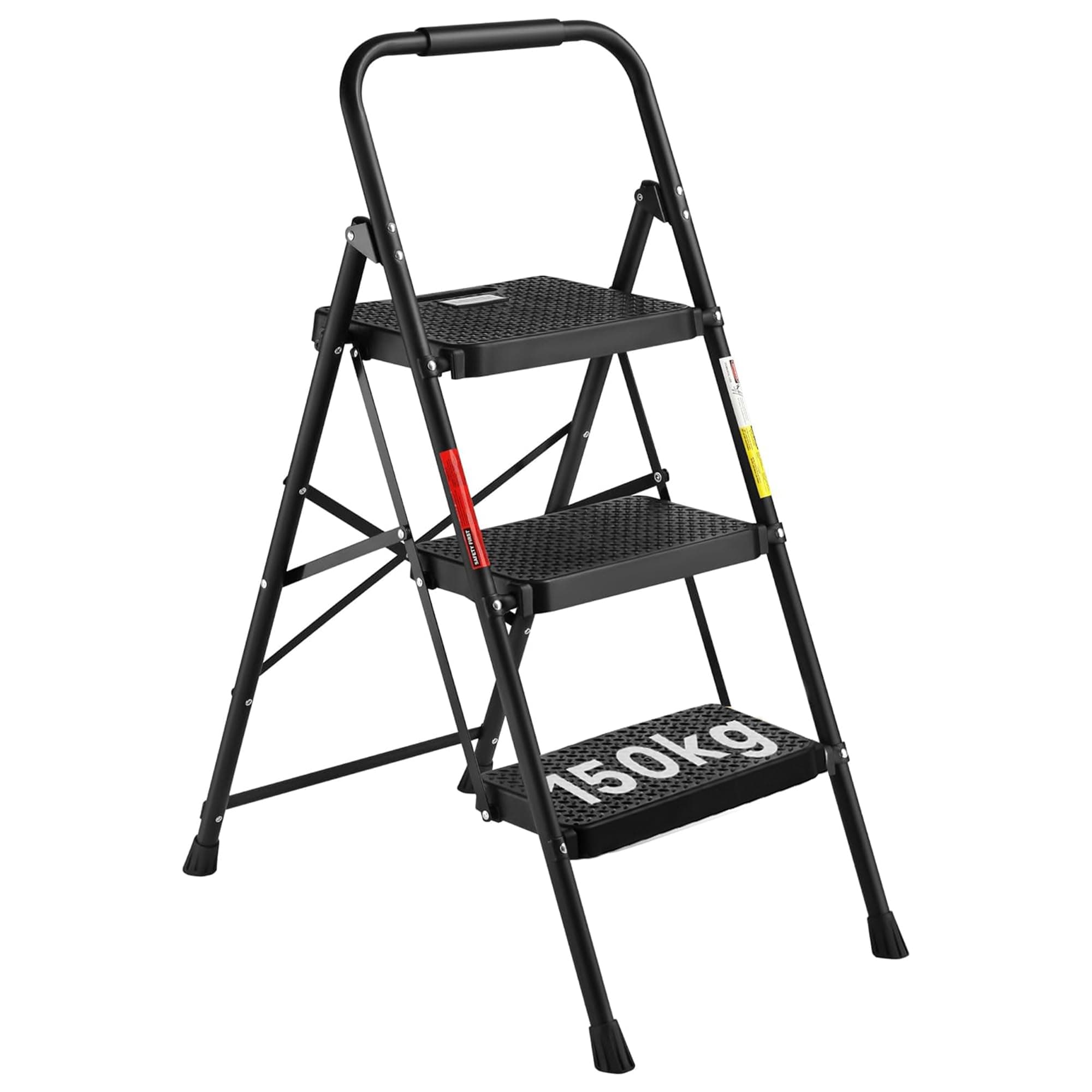 BONTEC Trittleiter 3 Stufen Klappbar, 150kg Kapazität mit Breiten Anti-Rutsch-Pedalen, Faltbarer Stahl-Tritthocker, Schwamm-Lenker, Zuhause, Speisekammer, Innen- und Außenbereich, Schwarz Schwarz 3 Stufen Angebot bei HelloDeals
