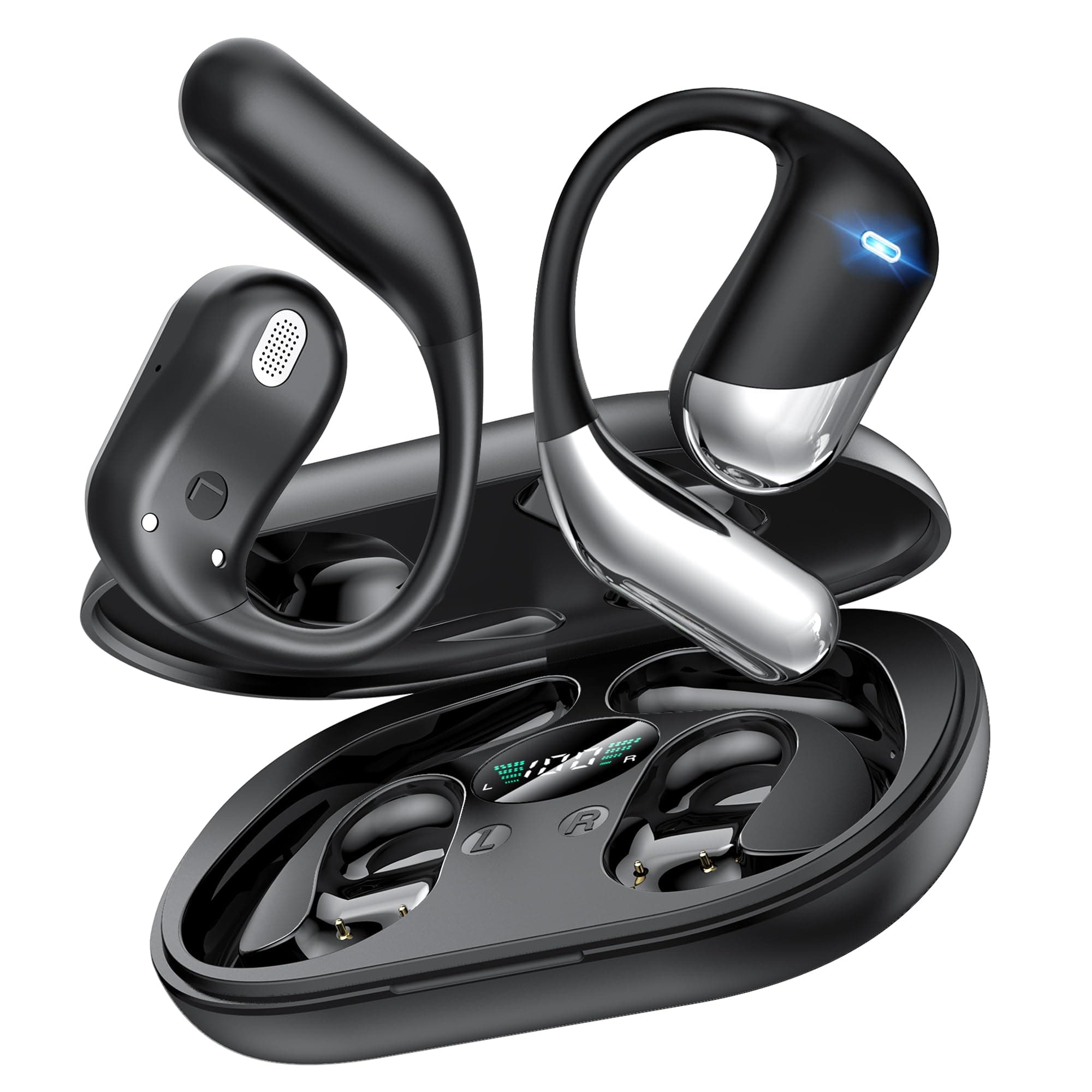 Offene Ohr Kabellose Ohrhörer, Sport Bluetooth Kopfhörer mit Echtzeitübersetzung, 80 Stunden Akkulaufzeit mit LED-Akkuanzeige, Geräuschunterdrückung, IP55 Wasserdicht für Training Laufen (Schwarz) Tiefschwarz Angebot bei HelloDeals