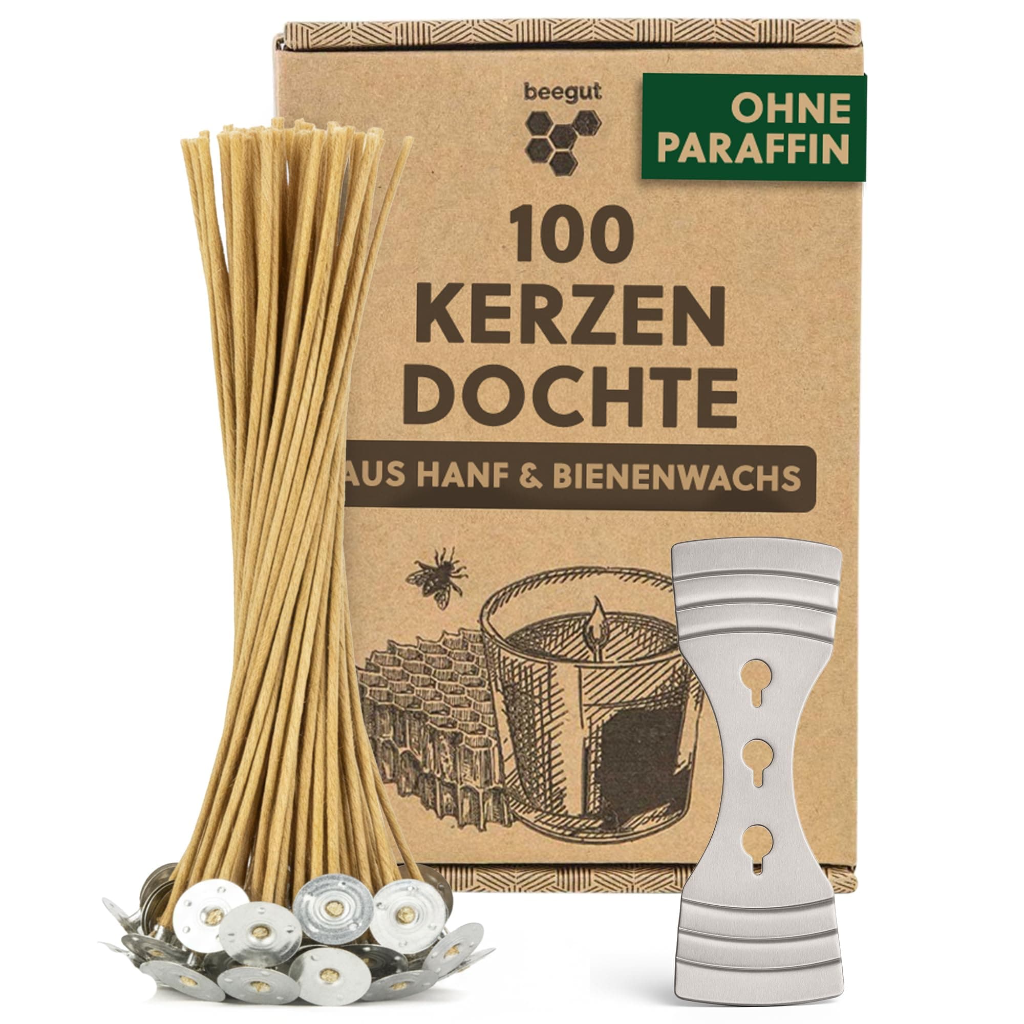beegut 100 nachhaltige Kerzendochte für Kerzen (10 cm) aus Hanf & natürlichem Bienenwachs, ohne Paraffin, rußfrei, im praktischen Kerzendocht Set mit Docht Halter – ideal zum Kerzen Selber Machen Angebot bei HelloDeals