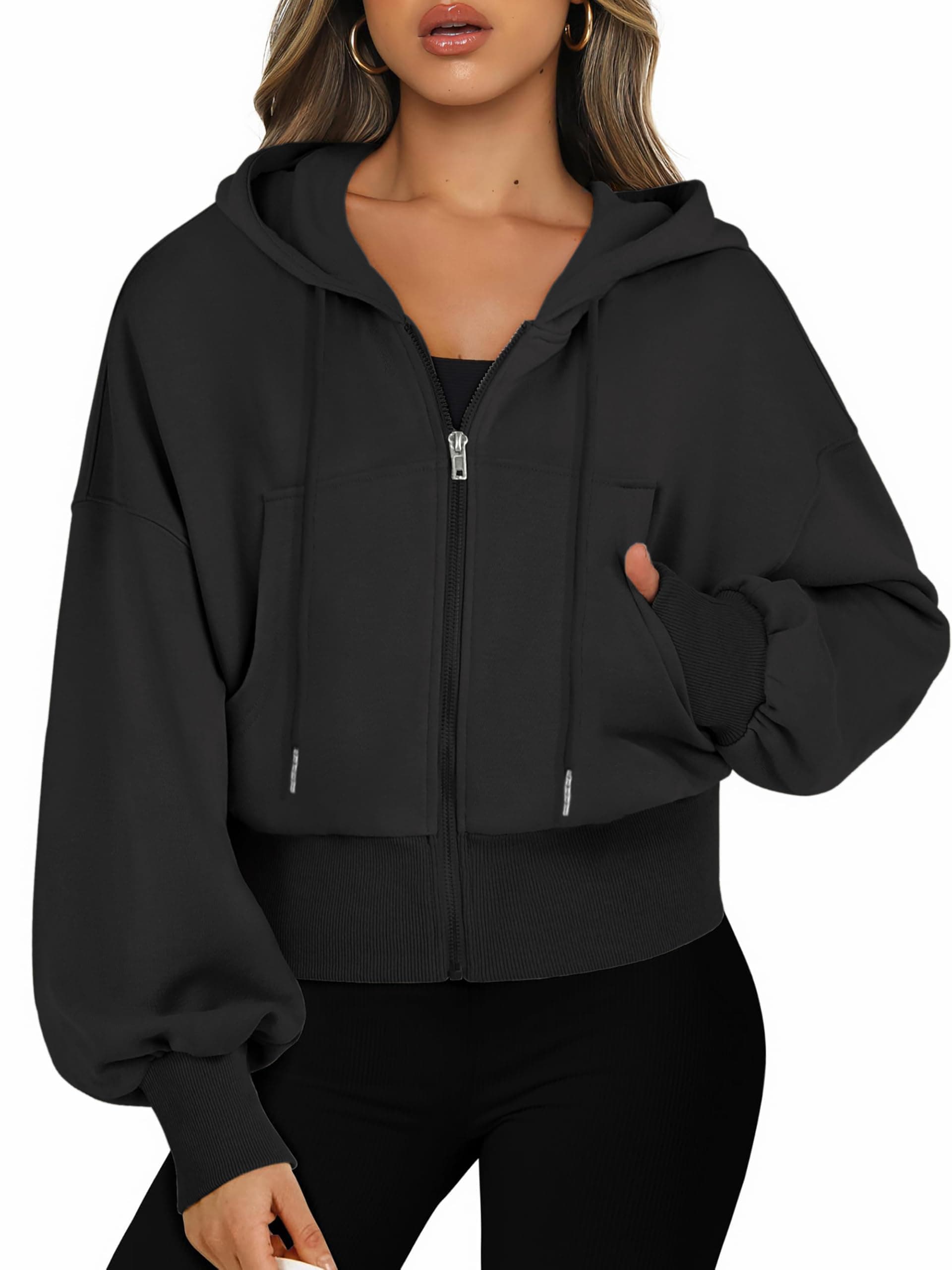 Jhsnjnr Damen Sweatjacke mit Kapuze Langarm Kapuzenpullover Sweatshirt Reißverschluss Sport Kurze Jacke Crop Zipper Hoodie S Schwarz Angebot bei HelloDeals
