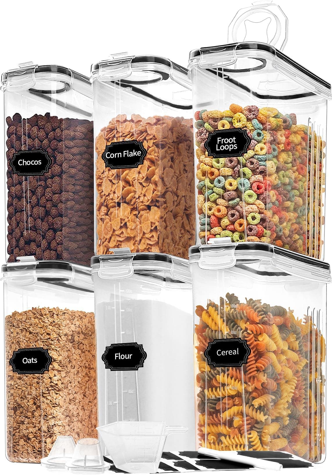 Skroam Müslibehälter, 6 Stück, luftdichte Frischhaltedosen mit Deckel, Kunststoff, Müsli-Spender für Küche und Speisekammer, Organizer und Aufbewahrung, Messbecher und 20 Etiketten Angebot bei HelloDeals