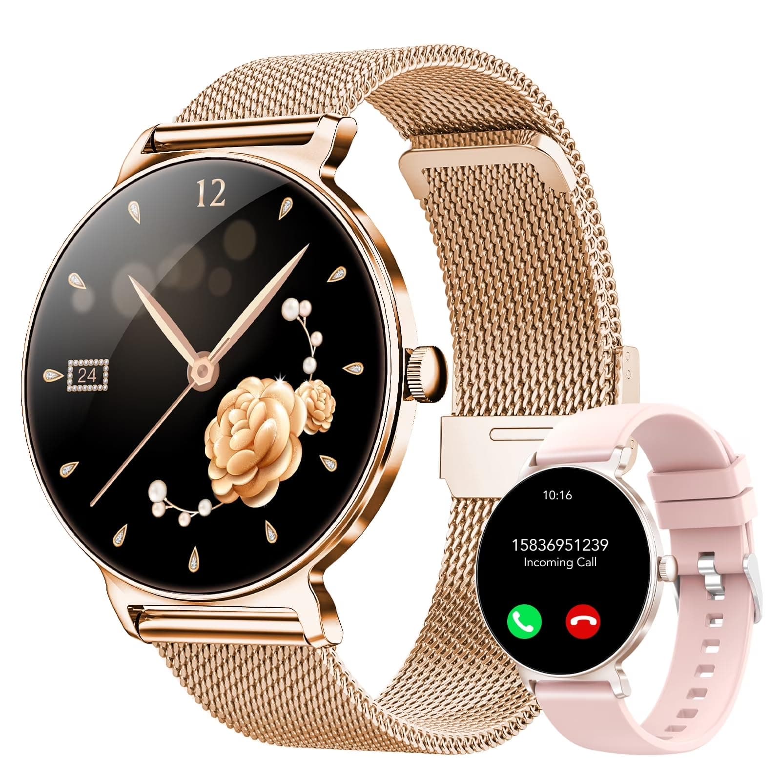 Smartwatch Damen mit Telefonfunktion, 1,27-Zoll AMOLED-HD Voll-Touchscreen Smartwatch, 120+ Sportmodi, IP68 Wasserdicht Fitness Tracker mit Herzfrequenz, Schlafmonitor für iOS Android, Rotgold Angebot bei HelloDeals