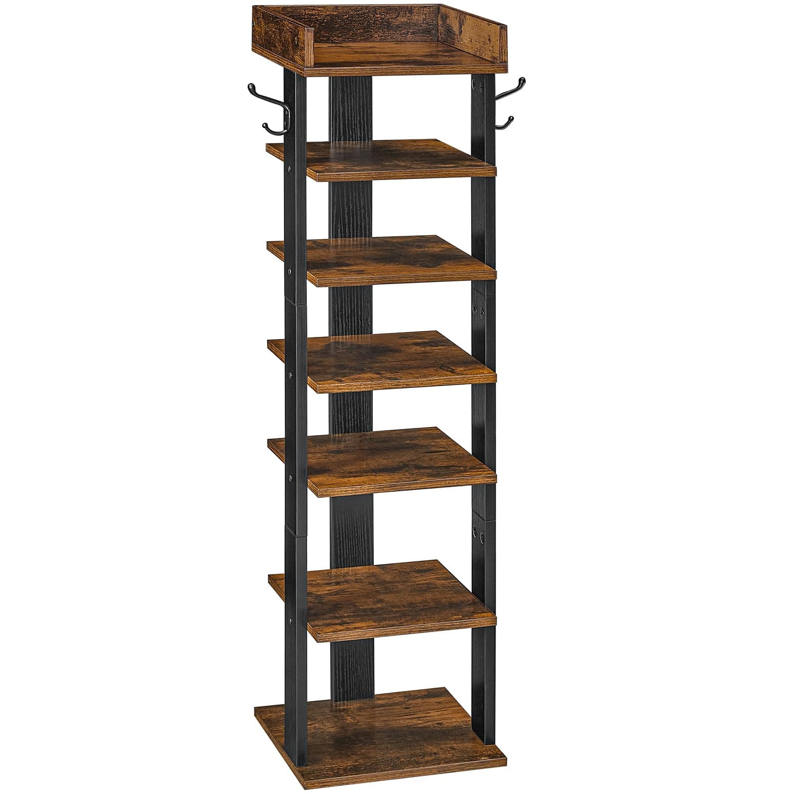 HOOBRO Schuhregal, vertikales Schuhablage, 7-lagiger Schuhschrank, schmale Schuhständer mit Zaun und Haken, platzsparend, für Flur, Wohnzimmer, Schlafzimmer, Dunkelbraun-Schwarz EBF61XJ01 28 x 28 x 105 cm Dunkelbraun + Schwarz Angebot bei HelloDeals