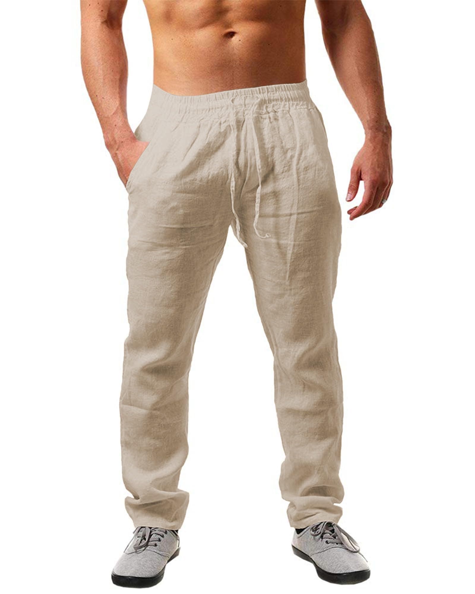 NEMXCE Leinenhose Herren Lang Leichte Sommerhose Herren Loose Fit Freizeithose mit Taschen Kordelzug für Urlaub Strand Yoga Alltag L Aprikose Angebot bei HelloDeals