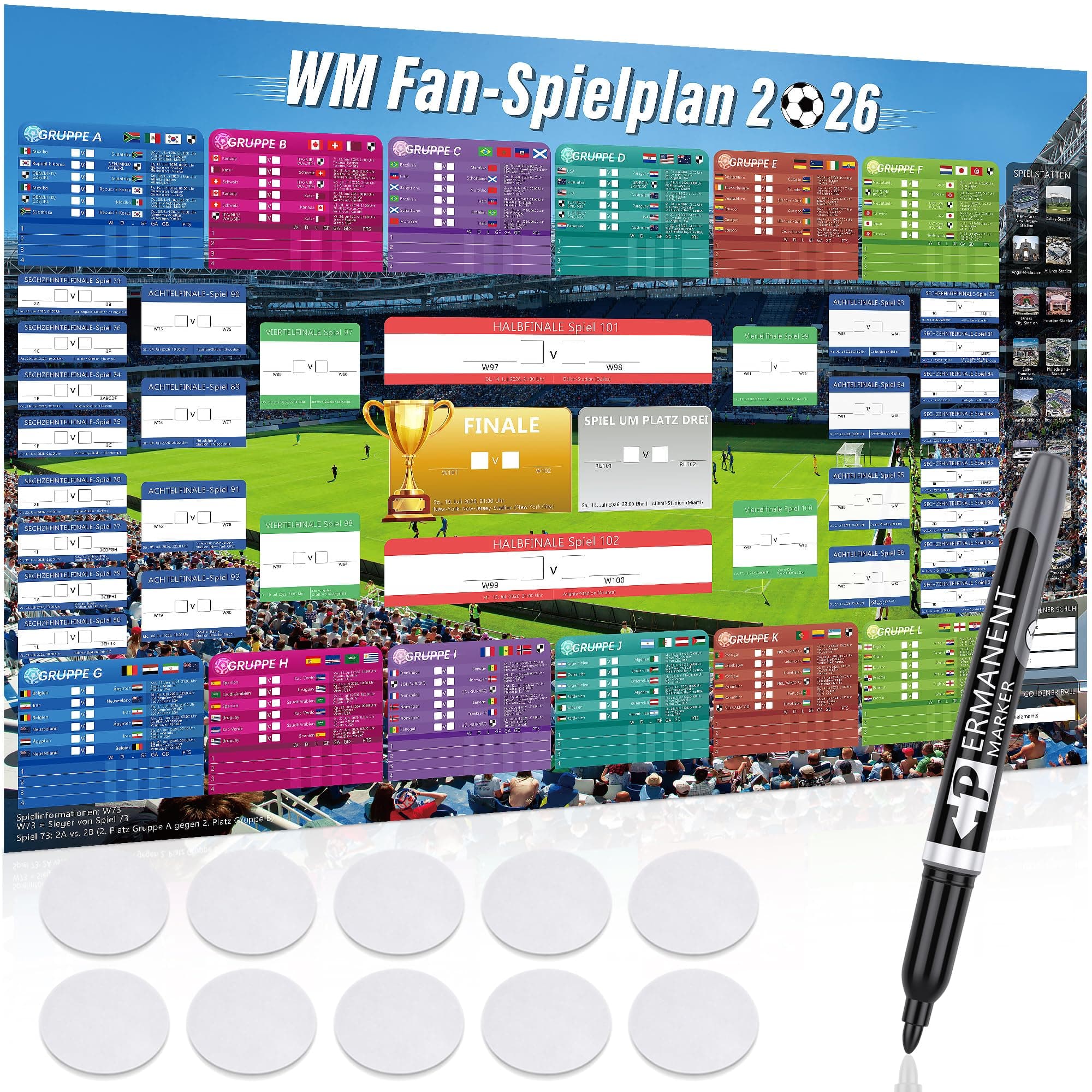 Fussball WM Spielplan 2026 Poster 100 x 70cm - Deutsch Fussball Geschenke Poster für Fussballfans, Enthält 48 Mannschaften, 104 Spielen, Fanartikel Fußball Turnier Fan Planer für Zuhause Party Deko Angebot bei HelloDeals