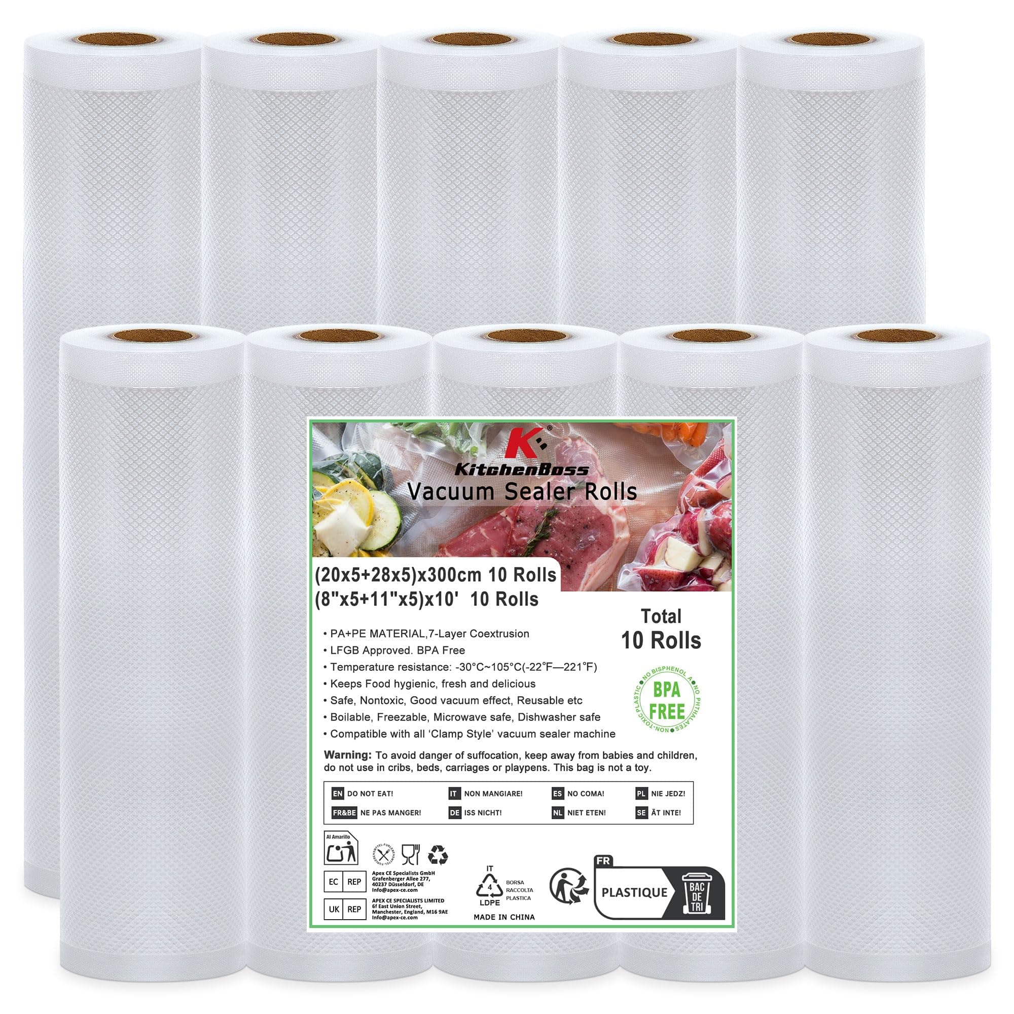 KitchenBoss Vakuumierfolie 10 Rollen Vakuumierbeutel:20/28 x 300cm Vakuumbeutel Lebensmittel Kompatibel mit Sous Vide Garer, Reißfeste Einschweißfolie für vakuumierer Angebot bei HelloDeals